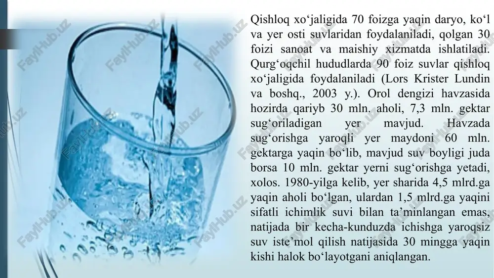 24000 3,0 8000 daryo suvlari 1,2 40 0.03 tuprog namligi 80 80 1 atmosferadagi suv 14 525 0.027 bug ‘lari gidrosfera 1454000 525 2800 bo‘yicha jami: muvozanat elementlari_ | maydoni, hajmi, suv ming km’? kn qatlami, mm quruqlikning etak qismi 116800 yog*inlar 106000 910 daryo oqimi 44230 380 bug‘lanish 7 61770 530 quruqlikning yopiq qismi 32100 yog‘inlar 7500 238 | bug'lanish_ 7500 238 dunyo okeani 361100 yog‘inlar 411600 1140 okeanga quyilayotgan daryo suvlari 44230 120 bug‘lanish 455830 1260 | yer kurrasi 510000 yog‘inlar $25100 1030 bug‘lanish 525100 1030 o4 | swmuvora-]| 2 | 9 | g | s| fs f 3% chov | natining be) fe es | 28 £ l2es ey i | 2 z fd birligi] elementlari | 2 <|2 & co 2 ag mm |maydon, 98 | 45,0 | 30,3 | 20,7 | 184 | 87 | 1323 min. km” mm fyog‘inlar,e | 734 | 726 | …