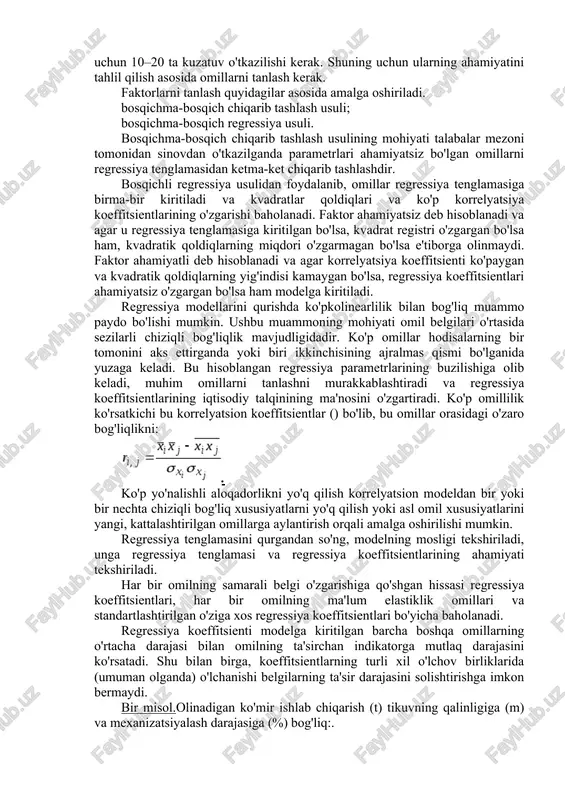 rt omilning og'ish natijasi bo'lgan atribut shu omil o'zgarishi bilan qanchalik o'zgaradi, uning o'rtacha kvadratik og'ishining qiymati ko'rsatilgan. bu erda omilning o'rtacha kvadrat og'ishi, natijada bo'lgan atributning o'rtacha kvadrat og'ishi. shunday qilib, sanab o'tilgan ko'rsatkichlarga ko'ra, samarali atributdagi o'zgarishlarning eng katta zaxiralari to'planadigan omillar aniqlanadi. bundan tashqari, ekstremal kuzatuvlarni aniqlash uchun qoldiq tahlilini o'tkazish mumkin. ko'p darajali korrelyatsion tahlil doirasida ikkita tipik vazifalar ko'rib chiqiladi: qolganlarning ta'sirini o'rnatish yoki yo'q qilishda ikkita o'zgaruvchi orasidagi bog'lanishning qattiqligini baholash; bitta o'zgaruvchini qolganlari bilan bog'lashning qattiqligini baholash. birinchi muammoni hal qilish doirasida muayyan korrelyatsion koeffitsientlar belgilanadi - boshqa barcha xususiyatlarni yo'q qilish paytida oshirib yuborilgan xususiyatlar o'rtasidagi munosabatlarning qat'iyligini tavsiflovchi ko'rsatkichlar. ko'p o'lchovli korrelyatsion tahlilda ikkita tipik muammolar ko'rib chiqiladi: tahlilga kiritilgan bitta o'zgaruvchi (mahsuldor atribut) va boshqa barcha o'zgaruvchilar (omil atributlari) o'rtasidagi o'zaro bog'liqlikni aniqlash. qolgan o'zgaruvchilarning ta'sirini yo'q qilish yoki yo'q qilishda ikkita o'zgaruvchini o'zaro bog'liqligini aniqlash. ushbu muammolar ko'p va …