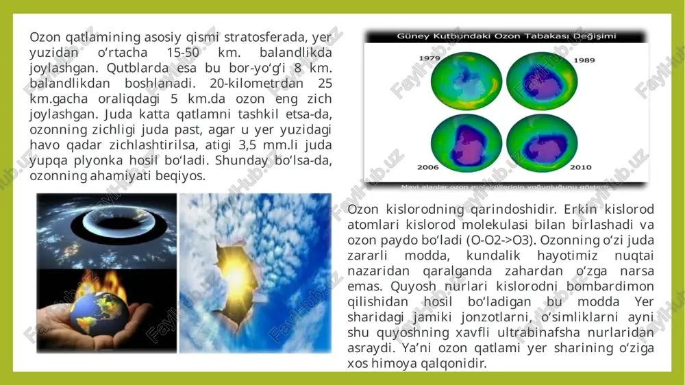 a. bundan tashqari, kislotali yomg‘irlar binolar, madaniy yodgorliklar, quvurlami emirmoqda, avtomobillarni ishdan chiqarmoqda, zaharli metallar yerning suv sizib o’tadigan qatlamlariga kirib borishi mumkin. kislotali yomg'irlar yog‘ishining oqibatini aqsh, germaniya, chexiya, shveytsariya, avstraliya va sanoati rivojlangan boshqa ko‘plab mamlakatlarda kuzatish mumkin. kislotali yomg‘irlar ko‘l, daryo va boshqa suv havzalariga salbiy ta’sir ko‘rsatadi, ulardagi taxirlik darajasi ko‘tarilib, suvdagi o‘simlik va hayvonlar nobud bo‘ladi. suv tubida organik moddalarko‘payib, ulardan zaharli metallar - alyumin, simob, qo‘rg‘oshin, kadmiy ajralib chiqadi. ushbu zaharli metallar suvga o‘tib, inson salomatligi uchun jiddiy xavf tug‘diradi. kislotali yomg‘irlar nafaqat suvning o‘simlik va hayvonot olami uchun zarar yetkazadi, balki ular yerdagi o‘simliklarni ham nobud qiladi. vaziyatni yaxshilashning yagona bir yo’li bu barcha yoqilg‘ilardan foydalanuvchi ob’yektlaming chiqindilarini kamaytirishdir. smog bilan suyuq va qattiq tuman va tutun zarralarining birikmasi tasvirlangan. odatda, u havoda osilgan sarg'ish yoki qora rangli tumanning shiftini yoki to'xtatilgan qatlami sifatida ko'rinadi. bu tutunlar, ifloslantiruvchi moddalar va zarralar (masalan, azot …