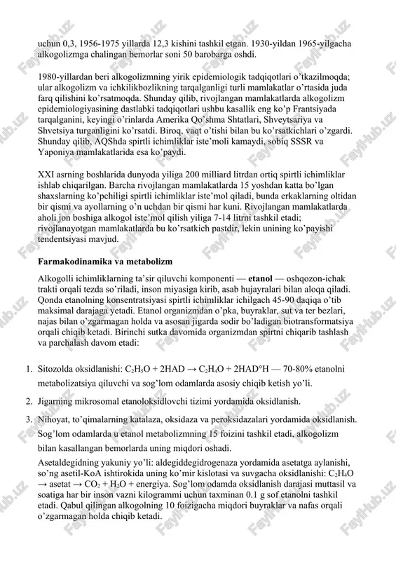 ik tadqiqotlari o’tkazilmoqda; ular alkogolizm va ichkilikbozlikning tarqalganligi turli mamlakatlar o’rtasida juda farq qilishini ko’rsatmoqda. shunday qilib, rivojlangan mamlakatlarda alkogolizm epidemiologiyasining dastlabki tadqiqotlari ushbu kasallik eng ko’p frantsiyada tarqalganini, keyingi o’rinlarda amerika qo’shma shtatlari, shveytsariya va shvetsiya turganligini ko’rsatdi. biroq, vaqt o’tishi bilan bu ko’rsatkichlari o’zgardi. shunday qilib, aqshda spirtli ichimliklar iste’moli kamaydi, sobiq sssr va yaponiya mamlakatlarida esa ko’paydi. xxi asrning boshlarida dunyoda yiliga 200 milliard litrdan ortiq spirtli ichimliklar ishlab chiqarilgan. barcha rivojlangan mamlakatlarda 15 yoshdan katta bo’lgan shaxslarning ko’pchiligi spirtli ichimliklar iste’mol qiladi, bunda erkaklarning oltidan bir qismi va ayollarning o’n uchdan bir qismi har kuni. rivojlangan mamlakatlarda aholi jon boshiga alkogol iste’mol qilish yiliga 7-14 litrni tashkil etadi; rivojlanayotgan mamlakatlarda bu ko’rsatkich pastdir, lekin unining ko’payishi tendentsiyasi mavjud. farmakodinamika va metabolizm alkogolli ichimliklarning ta’sir qiluvchi komponenti — etanol — oshqozon-ichak trakti orqali tezda so’riladi, inson miyasiga kirib, asab hujayralari bilan aloqa qiladi. qonda etanolning konsentratsiyasi spirtli …