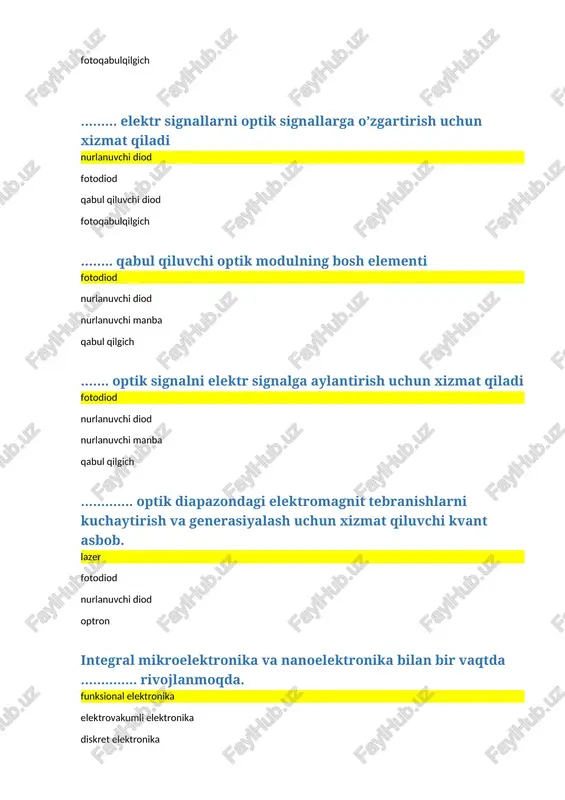 un ishlatiladi. epitaksiya zonali eritish choxralskiy termik oksidlash …… kremniy sirtida oksid (sio2 ) qatlam (parda) hosil qilish maqsadida sun’iy yo’l bilan oksidlashdan iborat jarayon. termik oksidlash choxralskiy zonali eritish epitaksiya yarimo’tkazgich hajmiga kiritmalarni kiritish jarayoni ………… deb ataladi. legirlash epitaksiya termik oksidlash zonali eritish ………… butun kristall yuzasi bo’ylab yoki niqobdagi tirqishlar orqali ma’lum sohalarda (lokal) amalga oshiriladi diffuziya yordamida legirlash ion legirlash termik oksidlash zonali eritish ………….. yetarli energiyagacha tezlatilgan kiritma ionlarini niqobdagi tirqishlar orqali kristalga kiritish bilan amalga oshiriladi. ion legirlash yemirish zonali eritis diffuziya yordamida legirlash yarimo’tkazgich, uning sirtidagi oksidlar va boshqa birikmalarni kimyoviy moddalar hamda ularning aralashmalari yordamida eritib tozalash jarayoniga …………. deyiladi. yemirish ion legirlash zonali eritish legirlash yarimo’tkazgich plastinadagi metall yoki dielektrik pardalar sirtida ma’lum shakldagi lokal sohalarni hosil qilish jarayoni deb ………… ataladi. fotolitografiya yemirish ion legirlash zonali eritish …… integral mikrosxema elementlarini elektr jihatdan ulash hamda rezistorlar, kondensatorlar va gibrid islarda …