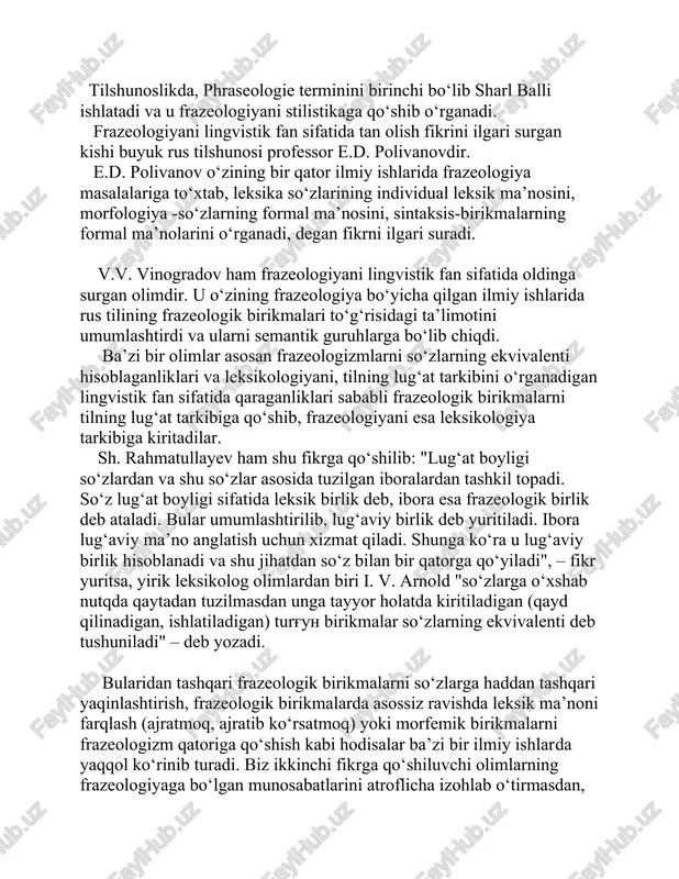 n, ishlatiladigan) turg'un birikmalar so‘zlarning ekvivalenti deb tushuniladi" – deb yozadi. bularidan tashqari frazeologik birikmalarni so‘zlarga haddan tashqari yaqinlashtirish, frazeologik birikmalarda asossiz ravishda leksik ma’noni farqlash (ajratmoq, ajratib ko‘rsatmoq) yoki morfemik birikmalarni frazeologizm qatoriga qo‘shish kabi hodisalar ba’zi bir ilmiy ishlar­da yaqqol ko‘rinib turadi. biz ikkinchi fikrga qo‘shiluvchi olimlarning frazeologiyaga bo‘lgan munosabatlarini atroflicha izohlab o‘tirmasdan, shuni aytishimiz mumkinki, frazeologiyaning hajmini keng ma’noda tushunuvchilar, iboralardan tashqari, maqol, matal, aforizm va hikmatli so‘zlarni ham haqiqiy frazeologizmlar qatoriga qo‘shadilar va frazeologik birikmalarni so‘zlarning ekvivalenti deb qarovchi olimlarga asosan qarshi chiqadilar. m. sodiqova ham frazeologiyani keng ma’noda tushunadi va o‘zining “ruscha – o‘zbekcha frazeologik lug‘at”iga maqol va matallarni kiritadi. maqollarni, metaforalarni, hikmatli so‘zlar va metaforik birikmalarni, xususan frazeologik birikma tarkibiga kiritgan ya.d. pinvasov ham frazeologiyani keng ma’noda tushunuvchilar qatoriga qo‘shiladi!? shuningdek, q. musayev ham o‘zining dissertatsion ishida ikkinchi fikrni to‘la qo‘llab-quvvatlaydi. frazeologik birlik deb, so‘zlarning barcha tur, turg'un birlashmalarini emas, balki shulardan bir qismini …