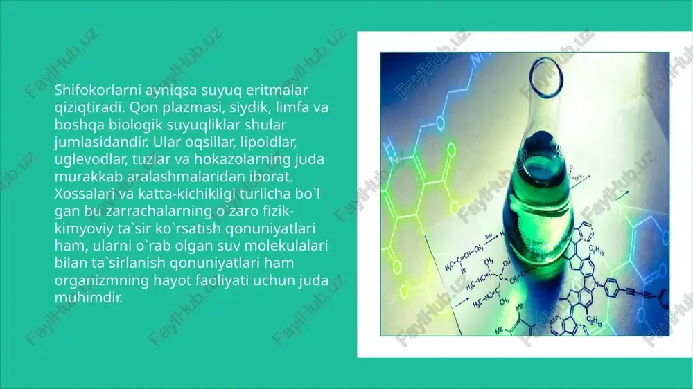 ar) ni tutuvchi moddaning miqdori bo'lib, u modda massasining shu moddaning molekulyar massasiga bo'lgan nisbatidan aniqlanadi: misol. 90 g suv va 9,8 g h2so4 dan tarkib topgan eritmadagi sulfat kislotaning mol ulushini hisoblab topish lozim bo'lsin. yechish. h2so4 ning mol migdorini aniqlaymiz: molyar konsentratsiya (molarlik). bir litr eritmadagi erigan moddaning mollar miqdori bilan o'lchanadigan qiymati molyar konsentratsiya deb nomlanadi, u cm bilan belgilanadi: misol. 7l / 0,25 molyarlik eritma tayyorlash uchun natriy gidrofosfatdan (na2hpo4) qancha olish zarur bo'ladi? yechish. yuqoridagi tenglamani erigan modda massasiga nisbatan yechib, berilgan qiymatlarni o'rinlariga qo'yamiz. demak, natriy gidrofosfatdan 248,5 g olish lozim ekan. molyar ekvivalent konsentratsiya (normallik) — bu 1 l eritmadagi erigan moddaning ekvivalent miqdorini ifodalovchi konsentratsiya bolib, erigan moddaning ekvivalent miqdorini eritmaning umumiy hajmiga (litrda) nisbatidir, va cn bilan belgilanadi: moddaning ekvivalent miqdori modda massasining shu moddaning ekvivalent massasiga bolgan nisbatiga tengdir: o'z navbatida moddaning ekvivalent massasini topish uchun moddaning molyar massasini ekvivalentlik …