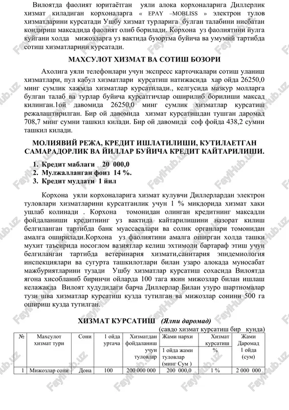 oridagi kredit summasi 2008 yil aprel oyi mobaynida olinishi rejalashtirilgan , kredit summasini teng mikdorga bulingan xolda kaytarish , foiz tulovlari xar oyda 1 marotaba asosiy kredit summasini oxirgi turt oyga teng bulingan xolda kaytarish amalga oshiriladi . x u l o s a bankning xamkorlikdagi faoliyati, kredit mablagi berish kafolati natijasida, ushbu mablagning uz vaktida berilishi, uning uz vaktida va maksadli foydalanishi, kredit mablagining ustamasi bilan uz vaktida kaytarish imkoniyatiga egadir. ushbu mablagdan foydalanish natijasida korxona uz aylanma mablagiga ega buladi, axolining ushbu xizmat turlariga bulgan talab nisbatan kondiriladi. bu esa respublikamizda, shu jumladan surxondare viloyatida urta va kichik biznesni rivojlantirishda salmokli xissa kushganimiz buladi. loyixani ishlab chikdi. « _______ » xkk boshligi: _______