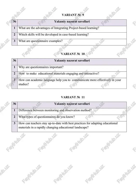 savollari 1 why are authentic materials important in an esp course, and how do they help students learn better? 2 what is a goal? 3 smart goals variant № 24 № yakuniy nazorat savollari 1 write about question formats. 2 what questions should be avoided in a questionnaire? 3 write about qualitative observation method. variant № 25 № yakuniy nazorat savollari 1 write about objectives of observation method 2 what are the advantages of observation method? 3 define the integration of project-based learning. variant № 26 № yakuniy nazorat savollari 1 write about course evaluation. 2 what is the role of efl teacher in esp classroom? 3 define methods for gathering needs data. variant № 27 № yakuniy nazorat savollari 1 give general information about case-based learning in esp classroom. 2 write about the use of technology in esp classroom. 3 define the language-centered approach. variant № 28 № yakuniy …