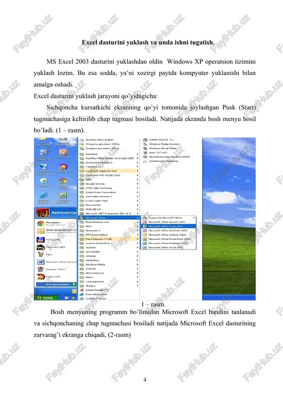iqish mumkin., buning uchun shu sohalardagi ustki yoki pastki, chap yoki ung tomondagi strelkalarni bosish kerak yoki shu sohalarda joylashgan turtburchak kursatkichni kuzgaltirish kerak. excel elektron jadvali 65536 qator (row) va 256 ustun (column)dan iborat. qatorlar 1dan 65536 gacha bo’lgan butun sonlar bilan tartiblangan, ustunlar esa lotin alifbosining bosh xarflari (a, b, .... z, aa, ab, .... iv) bilan belgilangan. qator va ustun kesishmasida elektron jadvalning asosiy tarkibiy elementi – katak (yacheyka) (cell) joylashgan. har bir katak (yacheyka)ga son, matn yoki formula tarzidagi ma‘lumotlar kiritiladi. ustun kengligini va qator balandligini o’zgartirish ham mumkin. jadvalning tanlangan katagiga o’tish uchun aniq manzil (adres) ko’rsatilishi kerak. u qator va ustun kesishmasida, masalan a1, b4, f9, ab3 kabi ko’rsatiladi. 3. microsoft excelda formula va funktsiyalar bilan ishlash. excel ej kataqlaridagi ma‘lumotlar - matnlar, sonlar va formulalar bilan tuldiriladi. ba‘zan katakdagi qiymatlar ustida ayrim hisoblashlarni bajarish zaruriyati tugiladi, bunday hollarda formulalardan foydalaniladi. umuman ixtiyoriy yacheykadagi …