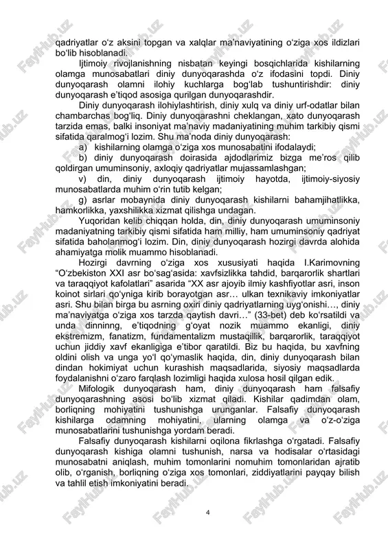 2.diniy. 3.ilmiy-falsafiy dunyoqarash. mifologik dunyoqarash: a) ijtimoiy taraqqiyotning eng quyi bosqichlariga to‘g‘ri keladi. bu davrlarga xos bo‘lgan xususiyat ilm fanning hali taraqqiy etmaganligi oqibatida kishilarda olam haqida sodda tasavvurlarning paydo bo‘lishi; b) bu tasavvurlarda hayot bilan hayolning o‘zaro ajratilmaganligi; v) bu dunyoqarashda olamning umumlashgan holda sinkretik qarashlar tarzida ifoda etilishi. mifologiya yunoncha naql, rivoyat ma’nolarini ifodalaydi. mifologiya qadimgi jamiyatlarga xos bo‘lgan xalq og‘zaki ijodida, naqllar, afsonalar, rivoyatlarda voqelikning afsonaviy, hayoliy ifoda etilishidir. mifologiya tabiat kuchlari va ijtimoiy hodisalarni jonlashtirishga, hissiy afsonaviy obrazlar orqali tasvirlashga asoslanadi. m: qadimgi yunon afsonalarida zevs momaqaldiroq va yashin xudosi sifatida tasvirlangan, apollon zevsning o‘g‘li, kuch-qudrat xudosi bo‘lgan. mifologik dunyoqarash inson dunyoqarashining eng qadimiy shakli bo‘lib, unda inson va dunyo, fikr va his-tuyg‘u, bilim va hayol, moddiylik va ma’naviylik umumlashgan holda ifoda etilgan, unda hayol va hayot, tabiiylik va ilohiylik, bilim va e’tiqod yaxlit ifoda etilgan. mifologiya olamni anglashning dastlabki usuli edi va o‘z davrida kishilar …