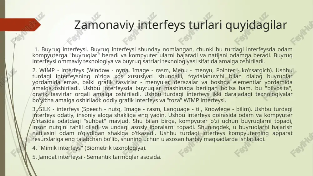 rlanadi. buyruqning texnologiyasi allaqachon monoxrom alfanumerik displeylarda ishlagan. faqat harflar, raqamlar va tinish belgilarini kiritishga ruxsat berilganligi sababli, displeyning texnik xususiyatlari muhim emas edi. monitor sifatida televizion qabul qilgich va hatto osiloskop naychasidan foydalanish mumkin. ushbu ikkala texnologiya ham buyruq interfeysi shaklida amalga oshiriladi - buyruqlar mashinaga kirish sifatida beriladi va ularga "javob" beradigan ko'rinadi. matnli fayllar buyruq interfeysi bilan ishlashda ustun turga aylandi - ular va faqat ularni klaviatura yordamida yaratish mumkin edi. buyruqlar satri interfeysining eng keng qo'llanilishi unix operatsion tizimining paydo bo'lishi va ko'p platformali cp / m operatsion tizimiga ega bo'lgan birinchi sakkiz bitli shaxsiy kompyuterlarning paydo bo'lishi edi. 2. grafik interfeys. grafik interfeys (gui) qachon va qanday paydo bo'ldi? uning g'oyasi xerox palo alto tadqiqot markazida (parc) vizual interfeys kontseptsiyasi ishlab chiqilgan 70-yillarning o'rtalarida paydo bo'lgan. grafik interfeysning zaruriy sharti bu kompyuterning buyruqqa javob berish vaqtining pasayishi, operativ xotira hajmining ko'payishi, shuningdek, kompyuterlarning texnik bazasining …