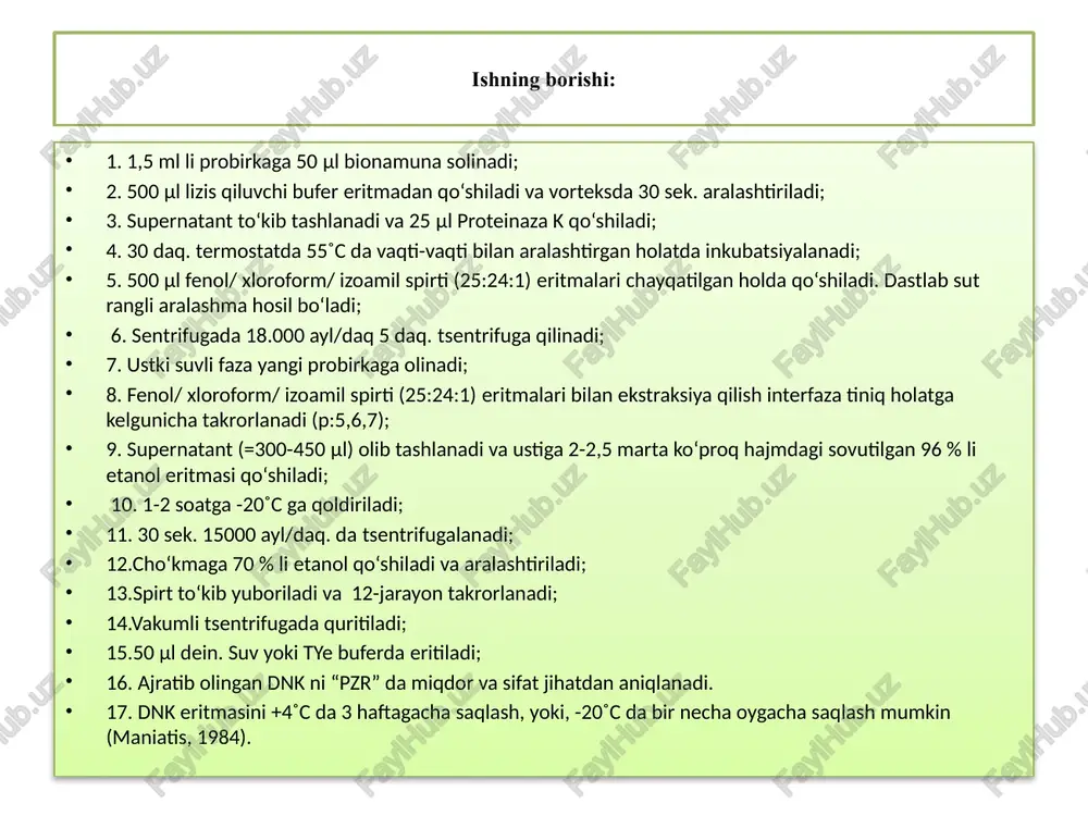 in ouenine at on pe ishdan magsad: turli metodlar yordamids ‘o'similikto'gimalaridan genom dnk tartbini co'rganish ish uchun zarurjihoxlar: mikrotsentrfugs, vorteks,sentrifuge, dnk ajratish uchun karak barche reaktivar, eritmalar
