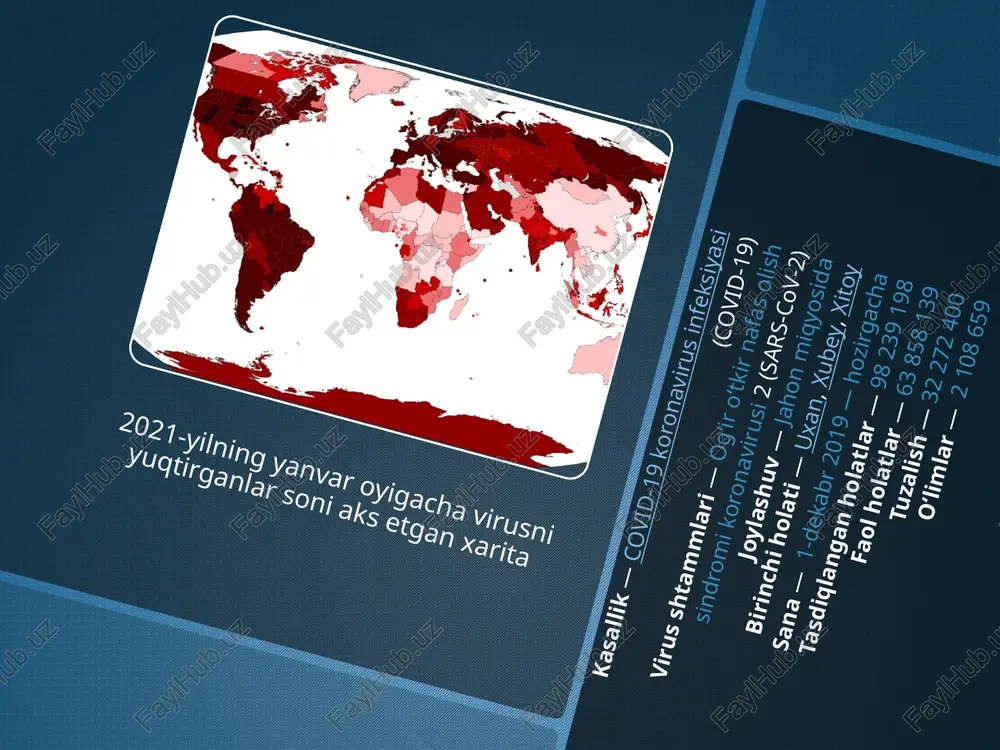 ing sur’ati o‘rtacha 3 foiz atrofida bo‘lsa, uning yuqori sur’atlari: xitoy; tojikiston; armaniston; o‘zbekistonda. past sur’atlari: aqsh; buyuk britaniya; rossiya federatsiyasida kuzatilgan. jahon iqtisodiyotining yalpi daromadi 2019 yilda 84,5 trillion aqsh dollarni, shu jumladan: aqsh 20,6 trillion dollar (ulushi 24,4 foiz); xitoy xalq respublikasi 13,1 trillion dollar (ulushi 15,6%); germaniya 3,9 trillion dollar (4,6%); buyuk britaniya 2,8 trillion dollar (3,3%); rossiya va janubiy koreya 1,5 trillion dollari (1,9%)ni tashkil etilishini rasmda kurish mumkin global inqirozning respublikamiz ijtimoiy – iqtisodiy rivojlanishiga salbiy ta’sirlarini yumshatish maqsadida o‘zbekiston respublikasi prezidentining “koronavirus pandemiyasi va global inqiroz xolatlarining iqtisodiyot tarmoqlariga salbiy ta’sirini yumshatish bo‘yicha birinchi navbatdagi chora - tadbirlar to‘g‘risida” va “kornovirus pandemiyasi davrida aholi, iqtisodiyot tarmoqlari va tadbirkorlik sub’yektlarini qo‘llab – quvvatlashga doir qo‘shimcha chora - tadbirlar to‘g‘risida” gi farmonlari qabul qilindi va amaliyotda joriy etilmoqda. farmonda ko‘rsatib o‘tilgandek jahon miqyosida koronavirus infeksiyasi tarqalishiga qarshi kurashishda respublikamizda insonlarning harakatlanishiga cheklovlar kiritish va korxonalar faoliyatini …