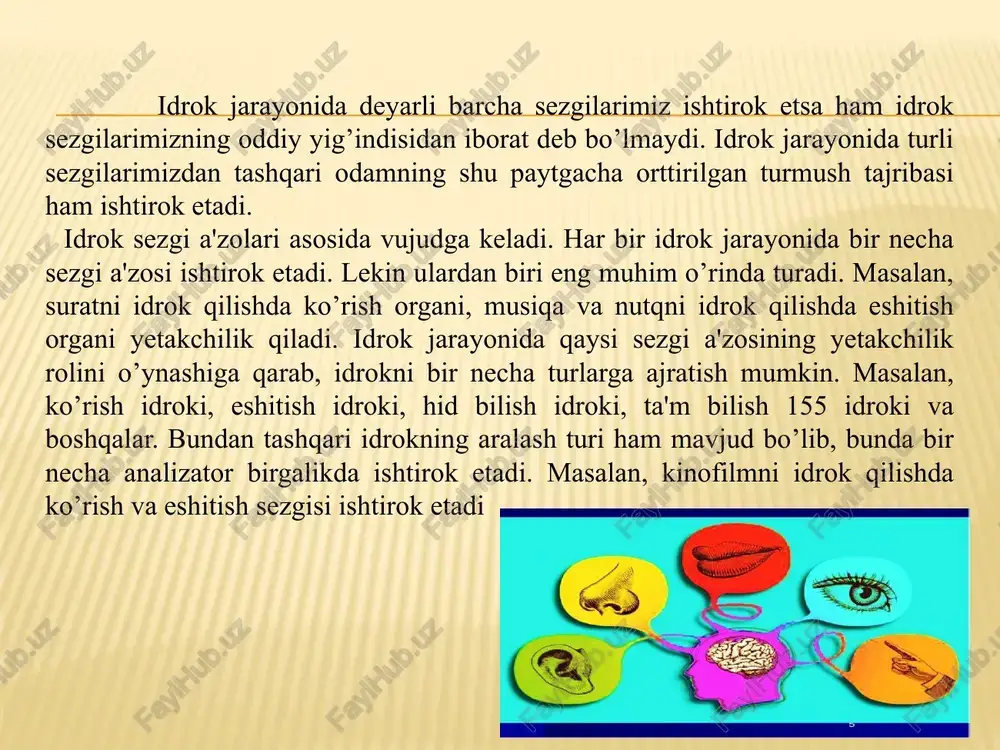 nishi; b) u yoki bu ovozlar, tovushlar eshitilishi; v) yo’q sharpalar, hidlar sezilishi kabilardir. illuziya idrok jarayonining navbatdagi yana bir o’ziga xos xususiyati idrok qilishda ba'zan yuz beradigan illyuziya hodisasidir. illyuziya - bizga ta'sir qilayotgan narsalarni yanglish idrok qilish demakdir. odatda ikki xil illyuziya farqlanadi: a) ob'ektiv illyuziya; b) sub'ektiv illyuziya. ob'ektiv illyuziya - hamma odamlar uchun umumiy xarakterga ega bo’lib, uni geometrik illyuziya deb ham yuritiladi. ob'ektiv illyuziya biz idrok qilayotgan narsalarning o’zaro bir-biriga ta'siri tufayli yuz beradi. sub'ektiv illyuziyalar odamning ayni chog’dagi hissiy holati bilan bog’liq bo’ladi. boshqacha qilib aytganda, odamning hissiy holatida ro’y beradigan o’zgarishlar idrok jarayoniga ta'sir qiladi. masalan, yuqorida aytib o’tilganidek, odam kechasi yolg’iz ko’chada qo’rqib ketayotgan bo’lsa, har bir sharpa uning qo’rqinch hissini kuchaytirib yuboradi appersepsiya appersepsiya - idrok jarayonini shaxsning oldingi bilimlari, shaxsiy va ijtimoiy tajribalari, qiziqishlari, motivasiyasi, ehtiyojlari va odatlari, umuman ruhiy hayotining barcha mazmuni bilan belgilanishidir. appersepsiya hodisasi tufayli odamlar o’zaro …