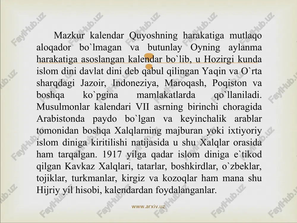shamsiya) so`zi arabcha shams (un) – quyosh so`zidan olingan. shamsiy yil hisobi quyosh kalendari demakdir. hijriy shamsiy yil davomiyligi yerning quyosh atrofida bir marta aylanib chiqishhiga ketgan vaqt bilan hisoblanib, bu vaqt 365 kun 5 soat 48 daqiqa 48 soniyaga teng. bu yil hisobida ham yaxlitlikni ta`minlash maqsadida uch yil 365 kundan hisoblanib oddiy yil tarzida olinadi. har to`rt yilda yil kunlarining kasr qismi jamlanib, bir kunga tenglashtiriladi. shu to`rtinchi yil 366 kunlik, ya`ni kabisa bo`ladi. quyosh osmon gumbazi sirti bo`ylab o`zining yillik aylanma ko`rinma harakati yo`lida osmonning 12 ga teng maydonini bosib o`tadi. mana 12 ga teng maydonning har birida to`p yulduzlar turkumi mavjud bo`lib, ular klassik ilmi nujumda burjlar majmui deb ataladi. www.arxiv.uz www.arxiv.uz “burj”ning lug`aviy ma`nosi rus tilidagi “znak zodiak” ga to`g`ri keladi va u eski turkiy manbalarda tub ipak atamasi bilan atalgan. har bir burjni nomlashda uning shakli, ko`kda tutgan o`rni va harakat xususiyatlarini aks ettirishga …