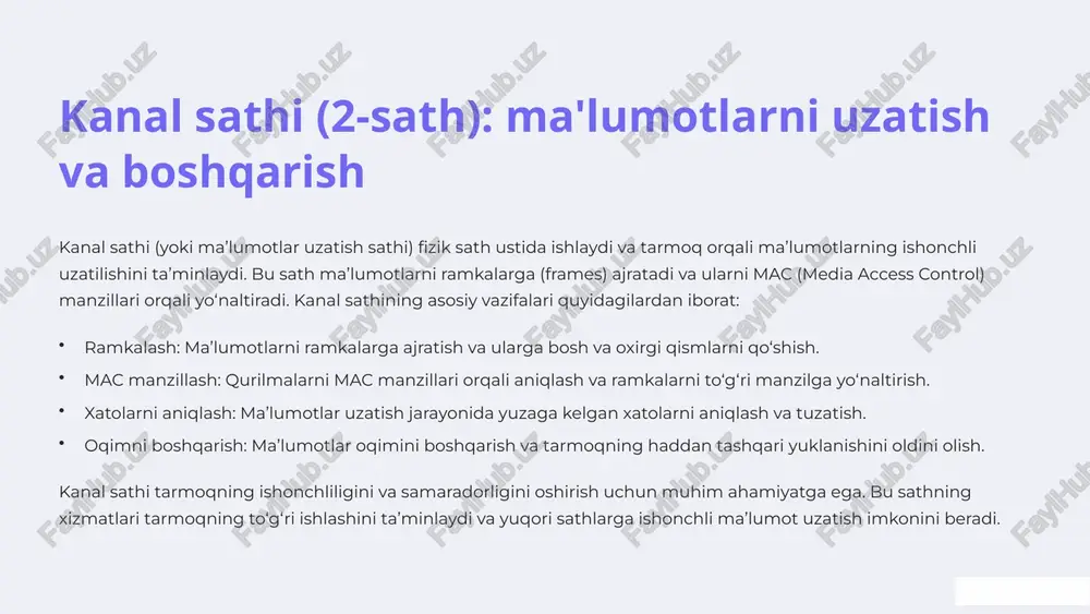 i. sessiya sathining asosiy vazifalari quyidagilardan iborat: seansni o‘rnatish: ilovalar o‘rtasida seansni o‘rnatish va autentifikatsiya qilish. seansni boshqarish: seansni boshqarish, ma’lumotlarni sinxronlashtirish va xatolarni tuzatish. seansni tugatish: ilovalar o‘rtasidagi seansni tugatish va resurslarni ozod qilish. sessiya sathi ilovalarning uzoqdagi qurilmalar bilan aloqa qilishini osonlashtiradi. bu sathning xizmatlari turli xil ilovalar, masalan, video konferensiya dasturlari va onlayn o‘yinlar uchun muhim ahamiyatga ega. 7 taqdim etish sathi (6-sath): ma'lumotlarni kodlash va formatlashtirish taqdim etish sathi ma’lumotlarni kodlash, shifrlash va formatlashtirish uchun javobgardir. bu sath ilovalarga turli xil formatlardagi ma’lumotlarni almashish imkonini beradi. taqdim etish sathining asosiy vazifalari quyidagilardan iborat: ma’lumotlarni kodlash: ma’lumotlarni turli xil formatlarga aylantirish, masalan, ascii, unicode va boshqalar. ma’lumotlarni shifrlash: ma’lumotlarni himoya qilish va ularning maxfiyligini ta’minlash. ma’lumotlarni siqish: ma’lumotlarni siqish va tarmoq orqali uzatish tezligini oshirish. taqdim etish sathi ma’lumotlarni turli xil ilovalar o‘rtasida almashish imkonini beradi. bu sathning xizmatlari ma’lumotlarning xavfsizligini va samaradorligini oshirish uchun muhim ahamiyatga …