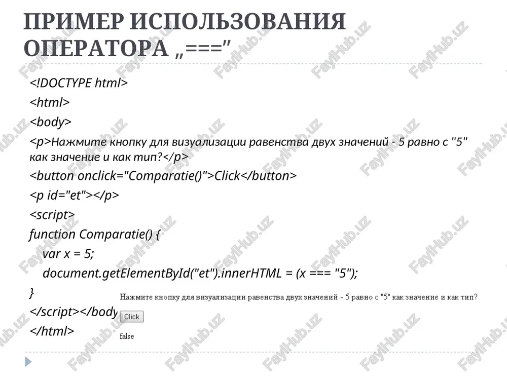 0; while (i "; i++; } document.getelementbyid("etciclu").innerhtml = text; } … prim: ne zabudte inkrementirovat peremennuyu tsikla, v protivnom sluchae deystvie brauzera zablokiruetsya tsikl „do..while” etot tsikl poxoj na „while”, otlichie v tom chto kodi neobxodimie povtorit vipolnyayutsya minimum odin raz, do togo kak proveritsya uslovie vipolnenie bloka osushestvitsya povtorno do tex por poka uslovie vernoe osnovnaya forma: do { blok kodov neobxodimix dlya vipolneniya; } while (uslovie); primer „do..while” function functiewhile() { var text = ""; var i = 0; do { text += "vivoditsya " + i + "-e chislo "; i++; } while (i … regulyarnie virajeniya v js regulyarnoe virajenie predstavlyaet soboy nabor simvolov, kotorie opredelyayut shablon poiska ono ispolzuetsya dlya poiska teksta udovletvoryayushego shablon zameni naydennogo testa drugim tekstom regulyarnoe virajenie mojet bit sformirovano iz odnogo ili bolee simvolov osnovnaya forma: /pattern/modifikatori; modifikatori: i – realizuet case-nezavisimiy poisk g – realizuet globalniy poisk (proizvoditsya poisk …