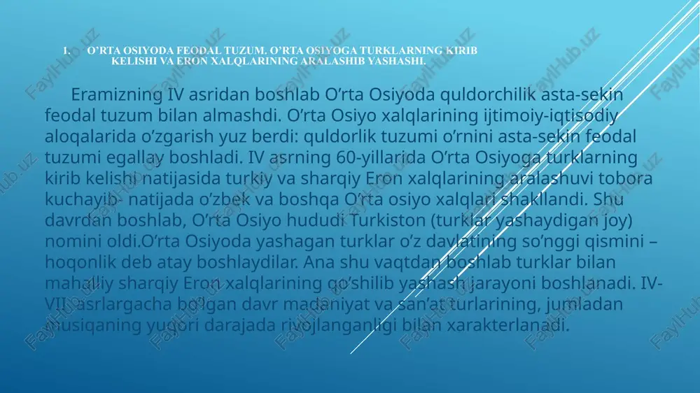 iblik) darveshlarning to jazavasi tutib qolishigacha olib keluvchi diniy zikr tushishlari bilan chegaralangan edi. 6. keyinchalik arablar o’rta osiyo kuylaridan foydalanganligi. o’rta osiyoning arab xalifaligiga qo’shib olinishi ma’lum darajada ijobiy ahamiyatga ham ega edi. arablar o’z navbatida musiqa san’ati sohasida mahalliy aholidan ko’pgina narsani o’rganib oldilar. a.isfahoniyning arab tilida yozilgan “qo’shiqlar kitobi”ga ko’ra juda ko’p o’rta osiyo kuylaridan arablar foydalangan. masalan musadjiq nomi bilan mashhur bo’lgan birinchi arab qo’shiqchisi o’rta osiyoda (boshqa mamlakatlar qatori) ham bo’lib turli xil kuylarni tanlab oldi va ular zaminida qo’shiqlar ijrosi sistemasini yaratdi. boshqa bir qo’shiqchi ibn muhriz esa birinchi bo’lib o’rta osiyolik qo’shiqchilardan o’rgangan holda arab baytlarini ijro eta boshladi. al forobiy turli xil asboblar tovush qatorlarini o’rgana borib xuroson tanburiga alohida e’tibor berganining o’zi ham mahalliy musiqa asboblarining ahamiyati katta ekanligidan guvohlik beradi. tayanch iboralar: 1.” kitobi dada ko’rqut” ( “ko’rqut bobomning kitobi”)—turkiy xalqlarning xii- xv asrlarda yaratilgan qahramonlik qo’shiqlari majmuasi. ko’rqut –torli, …