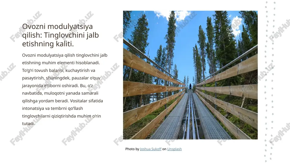 a qilish, matnni yetkazishda muhim rol o'ynaydi va tinglovchilarni jalb qiladi. 2 urgʻu va pauza urgʻu va pauzalar, muhim fikrlarni ta'kidlaydi va o'qishning hissiy jihatlarini kuchaytirib, auditoriyaga ta'sir ko'rsatadi. 3 ritm va samaradorlik o'qishda ritmni boshqarish, samarali kommunikatsiya uchun zarur. bu, o'quvchilarning e'tiborini ushlab turishga yordam beradi. e'tiboringiz uchun rahmat! image1.jpg image2.jpg image3.jpg /docprops/thumbnail.jpeg cck te edit master tite style