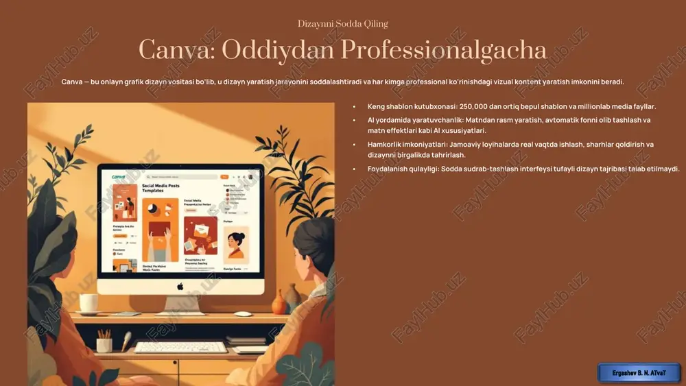 oalarga real vaqtda birgalikda ishlash, loyihalar ustida hamkorlik qilish va sharhlar qoldirish imkonini beradi. • ko‘p platformali integratsiyalar: grafik muharrirlar boshqa ilovalar va platformalar (masalan, ijtimoiy media, elektron tijorat, ofis dasturlari) bilan yanada chuqurroq integratsiya qilinadi.• bulutda saqlash: loyihalarni bulutda saqlash, istalgan joydan va istalgan qurilmadan kirish imkonini beradi, bu esa ish oqimini soddalashtiradi. https://gamma.app/?utm_source=made-with-gamma yakuniy xulosa grafik muharrirlar: yaratuvchanlik kalitingiz grafik muharrirlar zamonaviy dunyoda o‘z fikr-mulohazalarini, g‘oyalarini va brendlarini vizual tarzda ifoda etishni istagan har bir kishi uchun muhim vositalardir. ular nafaqat professional dizaynerlar uchun, balki ijodiy intilishi bo‘lgan har bir shaxs uchun ham qulay va kuchli yechimlar taklif etadi. oson kirish bugungi kunda har kim uchun qulay bo‘lgan bepul va pullik dasturlar mavjud. yaratuvchanlikni ifodalash vizual tasvirlar orqali g‘oyalaringizni aniq va jozibador tarzda taqdim eting. professional natijalar canva va paint.net kabi vositalar bilan yuqori sifatli dizaynlar yarating. esingizda bo‘lsin, amaliyot – mukammallikning kalitidir. ushbu dasturlar bilan tajriba qiling …