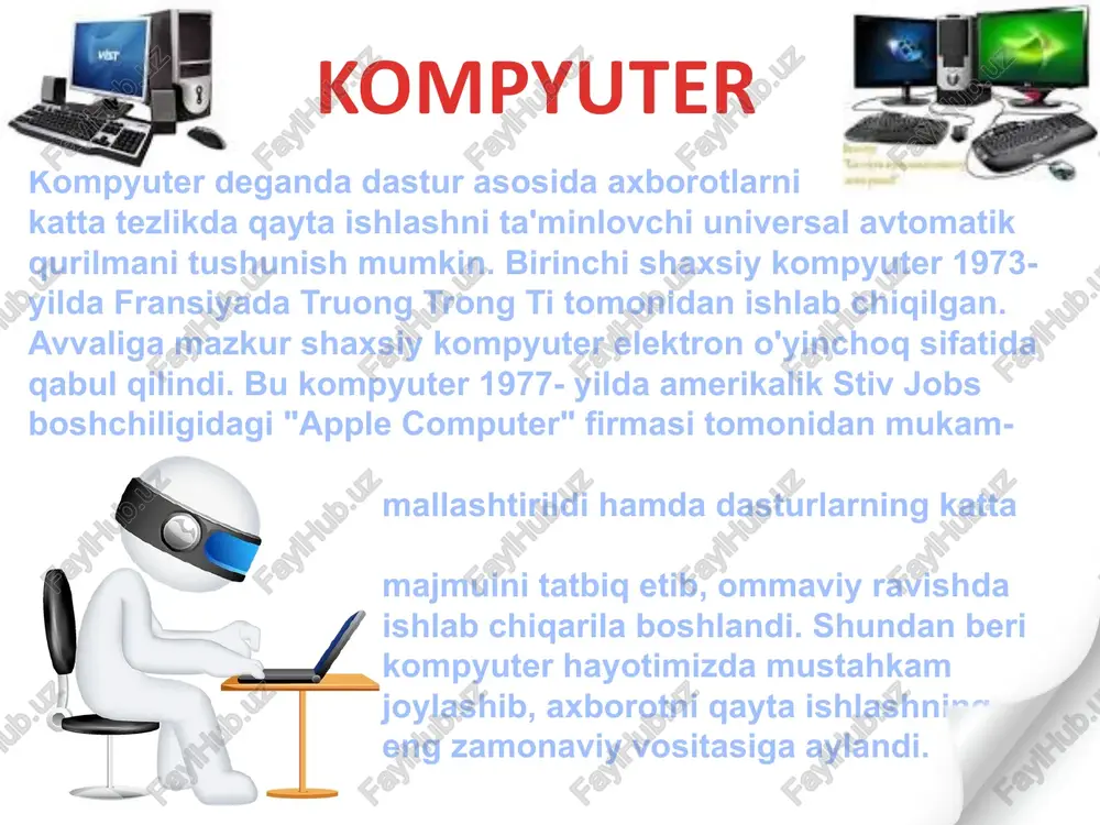 uvchi dasturlarni boshqarishda qo'llanadi. joystik qo`shimcha qurilmalar e`tiboringiz uchun rahmat! image1.png image2.png image3.png image4.png image5.jpeg image6.jpeg image7.png image8.png image9.jpeg image10.png image11.png image12.jpeg image13.png image14.jpeg image15.png image16.jpeg image17.png image18.png image19.png image20.jpeg image21.jpeg image22.png image23.png image24.png image25.png image26.jpeg image27.png image28.png image29.png image30.png image31.png image32.jpeg image33.jpeg image34.jpeg image35.png image36.png image37.jpeg image38.jpeg image39.jpeg image40.png image41.png image42.jpeg image43.jpeg image44.jpeg image45.gif image46.jpeg image47.jpeg image48.jpeg image49.jpeg image50.jpeg image51.png image52.png image53.jpeg image54.png image55.jpeg image56.png image57.png image58.png image59.png image60.jpeg image61.jpeg image62.png image63.png image64.png image65.jpeg image66.jpeg image67.jpeg image68.jpeg image69.png image70.png image71.png image72.jpeg image73.jpeg image74.png image75.png image76.jpeg image77.jpeg image78.jpeg image79.jpeg image80.png stem were cocccccce amd<¢1 reteeusrrresed eee operativ xotira (ram) = ees (tanlov asosida ixtiyoriy a murojaat qilinadigan xotira) bu qurilma shaklda vaqtinchalik saqlovchi qurilma. registr triggerlardan tashkil topadi. triggerlarning miqdori kompyuter necha razryadli ekanligini ko’rsatadi. registr (uyacha) larning har bir razryadiga 1 bit axborot to’g’ri keladi. 8 bit axborot birgalikda 1 baytni tashkil qiladi. har 1 bayt o’z tartib raqami(adresi)ga …