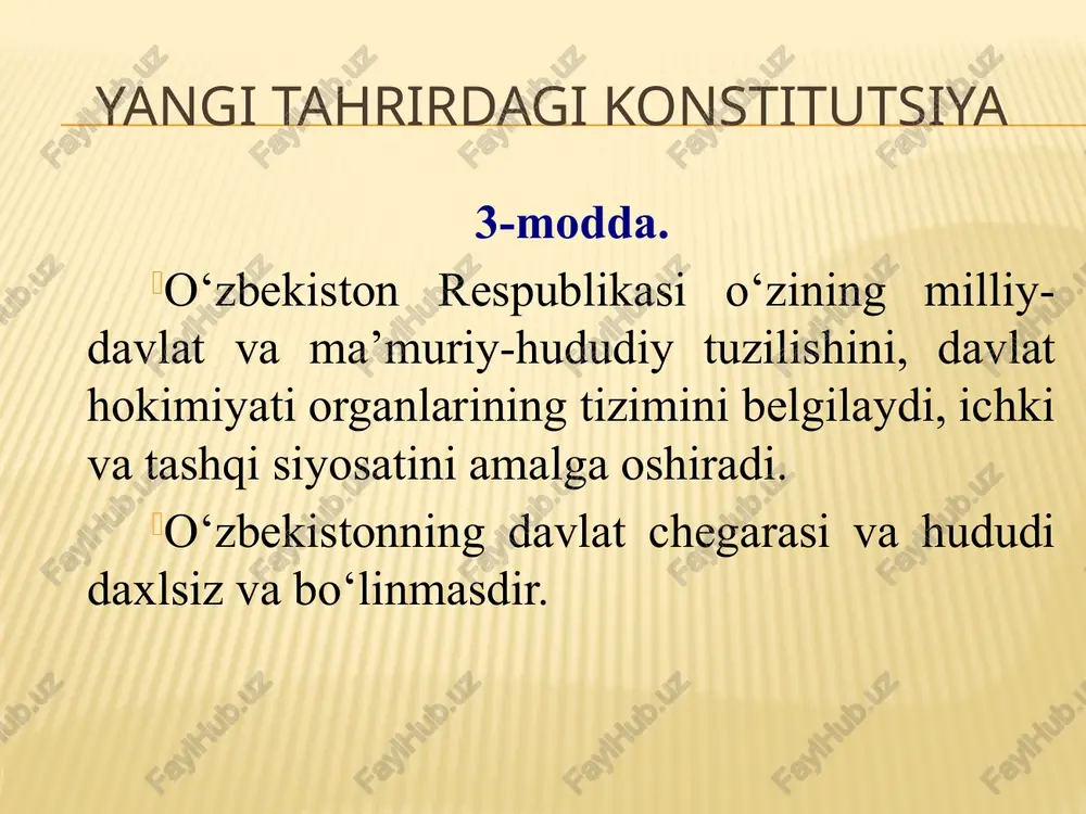 tilgan tinchliksevar tashqi siyosatni amalga oshiradi. o‘zbekiston respublikasi davlatning, xalqning oliy manfaatlaridan, uning farovonligi va xavfsizligidan kelib chiqqan holda ittifoqlar tuzishi, hamdo‘stliklarga va boshqa davlatlararo tuzilmalarga kirishi hamda ulardan chiqishi mumkin. image3.jpeg image4.jpeg image5.jpeg image6.png ys6exucrou pecny6mukacu koncrutyuusacn mamjlakathhht oytyh xyayauga omm 1opuauk kyyra ara, tyfpiaah-tyfpu amas kia ba atoha xykykui makohhuhtf acochhi talkhj khayu 15-modda ys6exuctou pecny61ukacu koncrutyyhacu mamjakathhhtr oytyh xyayauaa oni iophauk kyra fa, tyfpuaah-tyfpu ama kia ba atoha xykykhum makkohhhmht acochhh talllkuj ku1aau 15-mo”ya = ” ya6exucmon pecnyoauxacunune xankapo wapmuomaaapu xankapo xykykhuhz ymymismupow smunzan npunyun ga hopmaaapu 6unan gup kamopda y3bexucmon pecny6aukxacu ; xykkykul mu3zumuhuhne mapkubuil kucmudup. zap yabexucmon pecny6aukacunune xaaxapo wapmnomacuda bexucmon pecny6aukkacunune kohyhuoa hasapda mymunzanudan oowkaua koudanap beneunanzan 6yaca, yabexucmon nyoaukacuhuh2 xankapoo wapmhomacu koudanapuu kyaaahuaadu a ee 15-moz7a as | beraska asan mepexoass —anumiayna —‘mloxas peuensuposanne bua jg bue to « it hanpasnerine rexcra \\oo0o oh, wera ouryps~ i hain —s comme ‘py boccranosute es …