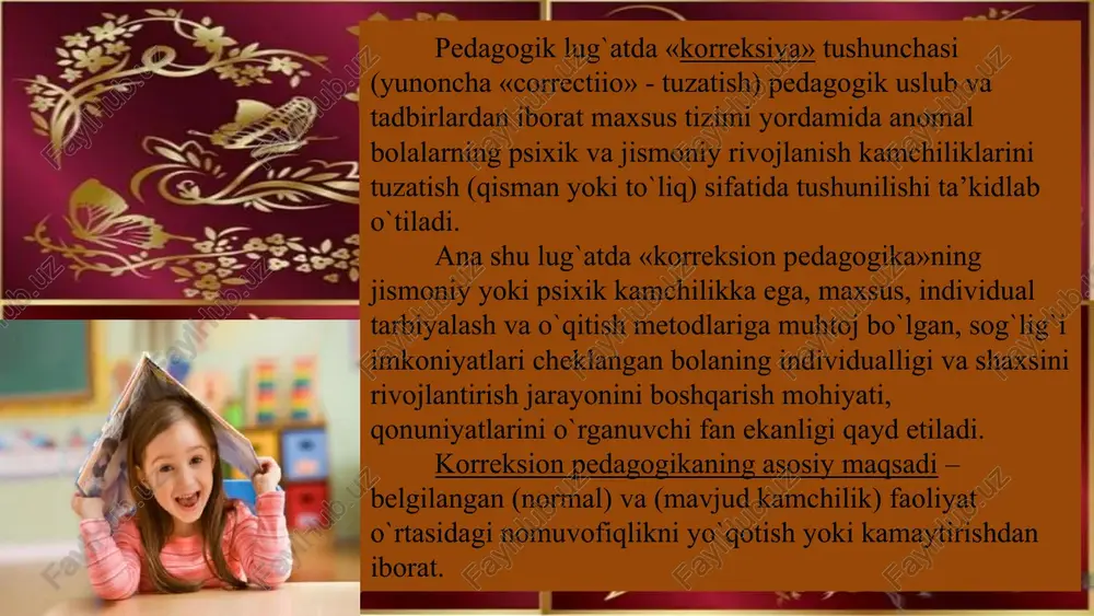 biyaviy ishlar anomal bolalarni o`qitish jarayonida amalga oshiriladi va mehnat tarbiyasini samarali tashkil etish uchun katta imkoniyatlar yaratadi. 5. kompensatsiya (yunoncha «compensatio» – o`rnini to`ldirish, tenglashtirish) organizmning buzilgan yoki rivojlanmagan funksiyalarining o`rnini to`ldirish yoki qayta qurishdir. kompensatsiya jarayoni oliy nerv faoliyatining zahira imkoniyatlariga tayanadi. 6. ijtimoiy reabilitatsiya (yunoncha «rehabilitas» – layoqati, qobiliyatini tiklash) tibbiy-pedagogik mazmunida anomal bolaning psixofiziologik imkoniyatlari darajasida ijtimoiy muhitda ishtirok etishi uchun sharoit yaratish, uni ijtimoiy hayoti va mehnatiga jalb etishni anglatadi. bu korreksion pedagogika nazariyasi va amaliyotida asosiy vazifa hisoblanadi. 7. ijtimoiy adaptatsiya (yunoncha «adapto» - moslashish) – anomal bolalarning individual va guruhli xulqlarini jamoatchilik qoidalari va qadriyatlari tizimiga mos kelishini ta’minlash. anomal bolalar uchun ijtimoiy munosabatlarni tashkil etish qiyin, sodir bo`layotgan o`zgarishlarga mos ravishda javob qaytarish qobiliyati past, shu bois murakkab talablarni bajarishga ularning layoqati yetmaydi. ijtimoiy adaptatsiya bolalarga ijtimoiy foydali mehnatda faol ishtirok etish uchun imkoniyat yaratadi. 8. oilaviy tarbiya reabilitatsiyani samarali tashkil etish …
