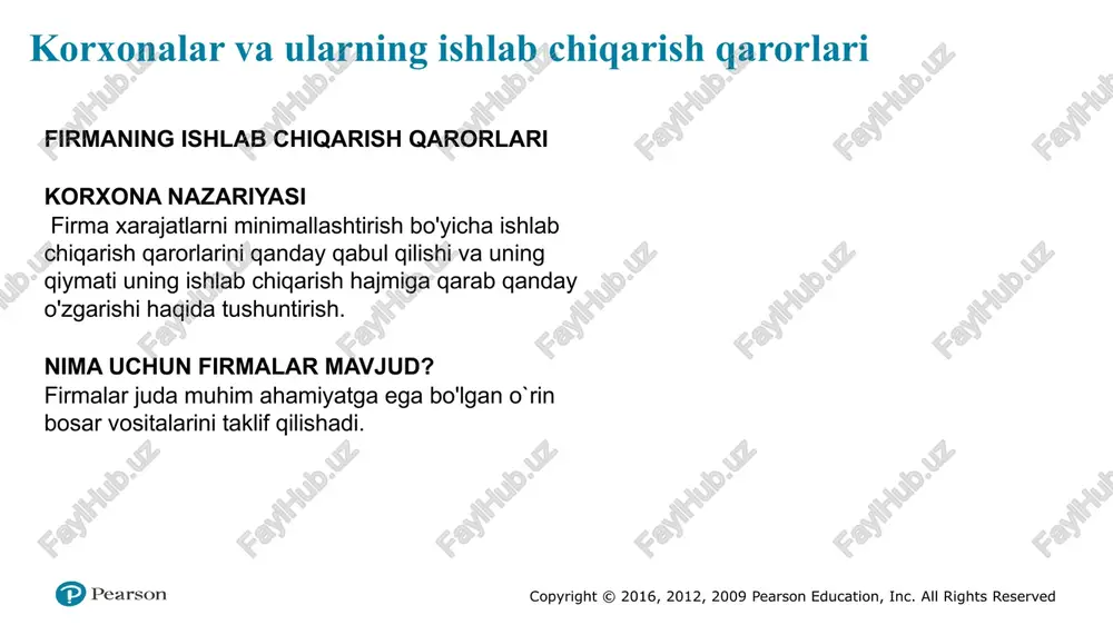 bitta kirishi (ishchi kuchi) turlicha bo'lganida, boshqa kirimlarni qat'iy ushlab turganda, mahsulot ishlab chiqarish hajmi qanday o'zgarishini ko'rsatadi. keyinchalik, biz firma o'zining barcha ma'lumotlarini o'zgartirishi mumkin bo'lgan umumiy holatga murojaat qilamiz va firma o'z mahsulotini ishlab chiqarish uchun xarajatlarni minimallashtirish kombinatsiyasini qanday tanlaganligini ko'rsatamiz. bizni, ayniqsa, firma faoliyatining ko'lami tashvishga soladi. masalan, firmaning ko'lami kattalashgan sari unumdorligini oshiradigan har qanday texnologik afzalliklar bormi? 3 korxonalar va ularning ishlab chiqarish qarorlari firmaning ishlab chiqarish qarorlari korxona nazariyasi firma xarajatlarni minimallashtirish bo'yicha ishlab chiqarish qarorlarini qanday qabul qilishi va uning qiymati uning ishlab chiqarish hajmiga qarab qanday o'zgarishi haqida tushuntirish. nima uchun firmalar mavjud? firmalar juda muhim ahamiyatga ega bo'lgan o`rin bosar vositalarini taklif qilishadi. copyright © 2016, 2012, 2009 pearson education, inc. all rights reserved bizga chindan ham mashinalar ishlab chiqarish uchun firmalar kerakmi? nima uchun general motors-da ishlash o'rniga, mustaqil ravishda ishlaydigan va bir-biri bilan shartnoma tuzgan shaxslar to'plami tomonidan …