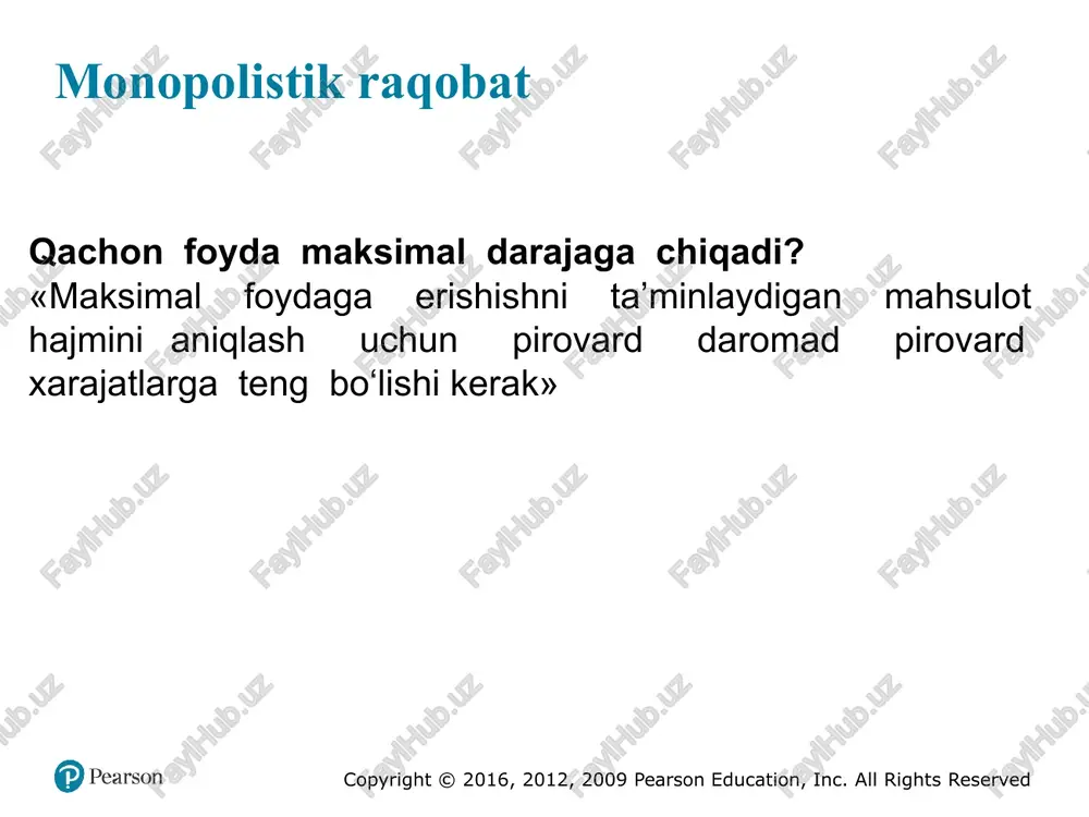 likni aniqlash ko'rsatkichi l — bahoning pirovard xarajatlaridan yuqori bo'lishini ko'rsatadi. bu ko'rsatkich 1934-yilda iqtisodchi abba lerner tom onidan taklif etilgan:l _ p - m cpbu koeffitsiyent doim 0 va 1 orasida turadi. takomillashgan raqobat sharoitidagi firma uchun r = m c va l=0 bo'ladi. koeffitsiyent (l) qancha kattarsa, monopol hokimlik darajasi ham shuncha yuqorilaydi.bu koeffitsiyent firmaning mahsulotiga talabning elastikligini (yoki noelastikligini) ham ko'rsatadi.p - m e - 1 ( p - m c ) - 1l= ~ r~ =td yold l=— — = tdbunda, l - lernerning monopol hokimligi indeksi;m c - pirovard xarajatlar;r — monopol baho;ed - talabning baho elastikligi.bu tenglama bahoning pirovard xarajatlardan yuqoriligini, bahoga % hisobidagi nisbatini, nisbiy (minus) belgi bilan olingan teskari talab elastikligi miqdoriga tengligini ko'rsatadi.1ed — bu yerda bu tu n bozor talabini emas, shu firm aning talab elastikligi 6,0 bo'lsa, monopol hokimlik darajasi 0.167 ga teng bo'lishini ko'rsatadi. 4 monopolistik raqobat copyright …