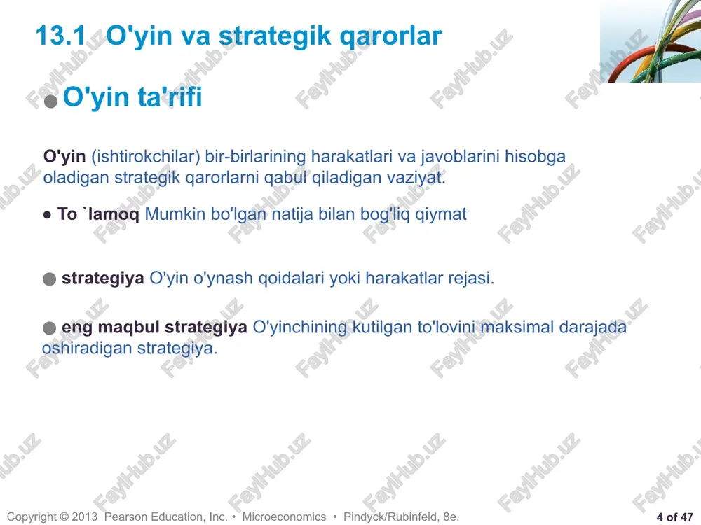 sotuvchi ikki firma (ya'ni microsoft va apple) tomonidan tovar yoki xizmat yoki qo'shma korxona narxini muhokama qilish. majburiy shartnomalar mumkin ‹#› of 47 copyright © 2013 pearson education, inc. • microeconomics • pindyck/rubinfeld, 8e. 9 nokooperativga qarshi kooperativ o'yinlar nokooperativga qarshi kooperativ o'yinlar nokooperativ o'yin majburiy shartnoma bo'yicha muzokaralar olib borish va amalga oshirish mumkin emas misol: ikki raqobatchi firma boshqalarning xatti-harakatlarini o'z zimmasiga olgan holda, bozor ulushini olish uchun narx va reklama strategiyasini mustaqil ravishda belgilaydi majburiy shartnomalar mumkin emas ‹#› of 47 copyright © 2013 pearson education, inc. • microeconomics • pindyck/rubinfeld, 8e. 10 chapter 13 slide 11 dominant strategiyalar dominant strategiya raqib nima qilishidan qat'iy nazar maqbul strategiya. misol a & b raqobatdosh mahsulotlarni sotadi ular reklama kampaniyalarini o'tkazish to'g'risida qaror qabul qilishmoqda 9 o'yin o'ynash uchun eng yaxshi strategiyani qanday tanlashimiz mumkin? o'yinning ehtimoliy natijasini qanday aniqlashimiz mumkin? qanday qilib buni aniqlashimizga yordam beradigan narsa kerak …
