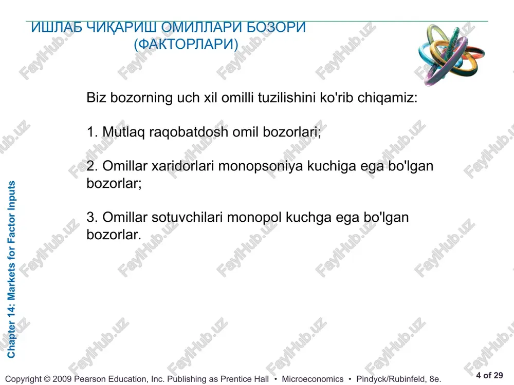 onomics • pindyck/rubinfeld, 8e. raqobatbardosh omillar bozorlari bozordagi faqat bir o'zgaruvchili omilli ishlab chiqarish talabi sanoatning mehnatga bo'lgan talabi rasm 14.5 raqobatbardosh firmaning (a) bandidagi mrpl1 ishchi kuchiga talab egri chizig'i mahsulot narxini berilgan tarzda qabul qiladi. ammo ish haqi stavkasi soatiga $15 dollardan $10 dollargacha tushganda, mahsulot narxi ham pasayadi. shunday qilib firmaning talab egri chizig'i pastga qarab mrpl2 ga siljiydi. natijada (b) da ko'rsatilgan sanoat talabi egri chizig'i, agar mahsulot narxi o'zgarmas deb taxmin qilinadigan bo'lsa, olinadigan talab egri chizig'iga nisbatan ancha elastik bo'ladi. 14.1 chapter 14: markets for factor inputs * of 29 copyright © 2009 pearson education, inc. publishing as prentice hall • microeconomics • pindyck/rubinfeld, 8e. raqobatbardosh omillar bozorlari reaktiv yoqilg'iga bo'lgan talabni tushunish neftni qayta ishlash zavodlari rahbarlari uchun juda muhimdir, ular qancha samolyot yoqilg'isi ishlab chiqarishni hal qilishlari kerak. shuningdek, bu aviakompaniyalar menejerlari uchun juda muhimdir, ular yoqilg'i sotib olish va yonilg'i narxi …