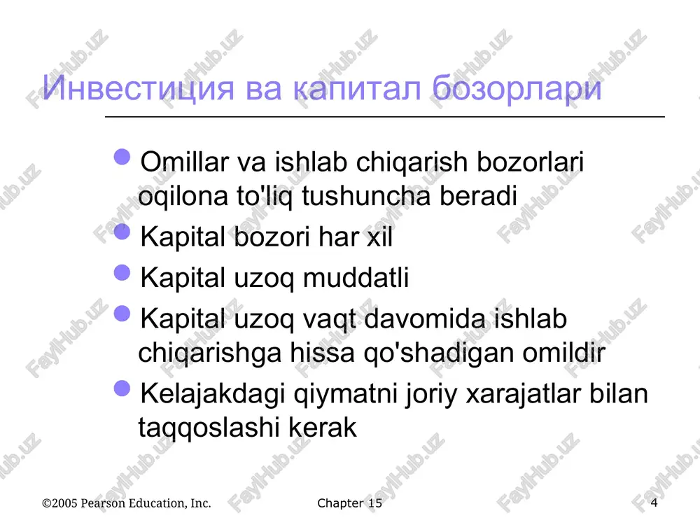 apter 15 * joriy diskont qiymat (pdv) kelajakdagi qiymat (fv) bugun sarmoyalangan bir dollar yiliga (1 + r) dollar berishi kerak (1 + r) – dollarning kelajakdagi qiymati bugungi kunda yiliga 1 dollar olishning qiymati qanday? $ 1 ning diskontlangan qiymati qancha? 8 3 chapter 15: investment, time, and capital markets * of 34 copyright © 2009 pearson education, inc. publishing as prentice hall • microeconomics • pindyck/rubinfeld, 7e. qimmatli qog'ozlar aylanma kapital oqimi kapital aktsiya sifatida o'lchanadi. agar firma $10 million dollarlik elektromotorlar zavodiga egalik qilsa, biz uning 10 million dollarlik kapitaliga ega deb aytamiz. aytaylik, firma oyiga 8000 dona motorni har biri $52,50 dollardan sotmoqda. o'rtacha o'zgaruvchan xarajat birlik uchun $ 42,50 ni tashkil qiladi. o'rtacha foyda $ 52.50 - $ 42.50 = birlik uchun $ 10 va umumiy foyda oyiga $ 8.000. ushbu motorlarni ishlab chiqarish va sotish uchun firma sarmoyaga muhtoj, ya’ni $10 million dollarga quriladigan …