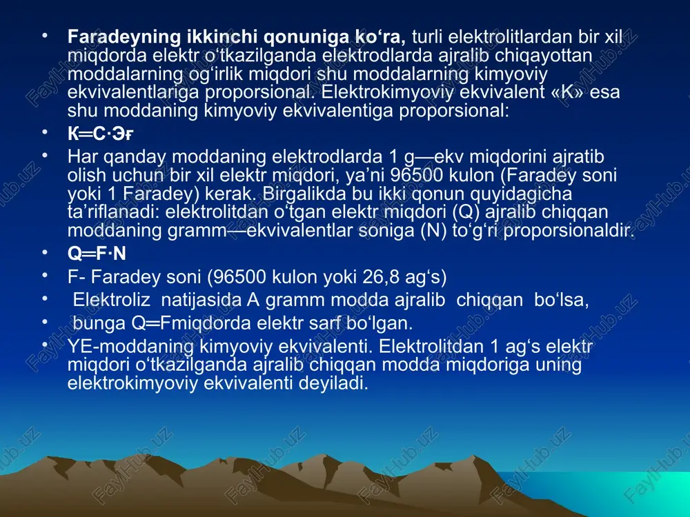 masi elektrizyorning ikkinchi qismiga yuboriladi va suv bilan reaksiyaga kirishadi. na∙nhgqh2o→naohqnhgqh2↑ ajralib chiqqan simob nasos yordamida elektrolizyorni yuqori qismiga ko‘tariladi va katod vazifasini bajaradi. garchan bu usulda juda toza va konsentrlangan ishqor eritmasi hosil bo‘lsa ham, uning qo‘llanilishi taqiqlab qo‘yilgan, chunki simob ekologik xavfsiz bo‘lmaydi. dunyodagi hamma rivojlangan davlatlar ishqor ishlab chiqarishda membrana usuliga o‘tgan. membrana usulida asbet kartonli diafragma o‘rniga issiq ishqor va xlorga chidamli bo‘lgan, ishqor ta’sirida yemirilmaydigan, ftortutgan polimerlardan yasalgan membranalar ishlatiladi. membranalar kation almashuvchi bo‘lib, anod sohasidan katod soxasiga faqat naq tashib beradi, va sl- o‘tkazmaydi. shu sababli hosil bo‘lgan ishqor sifati yuqori bo‘ladi. dunyoda birinchi bo‘lib yaponiya firmalari (asaxi kasay) bunday membranali moslamalarni ishga tushirdilar va 1983 yilga kelib osh tuzi eritmasidan ishqor, s12 va n2 ishlab chiqaradigan hamma firmalari bu usulga o‘tdi. elektrolizyordagi diafragma vazifasini bajaruvchi parda kation almashuvchi sulfo—( —so3h) va karboksil (—soon) guruhlar tutgan ftorpoli-merlardan iborat. ftorpolimerlarga tetraftor—etilenning sopolimerlri kiradi va ularning …