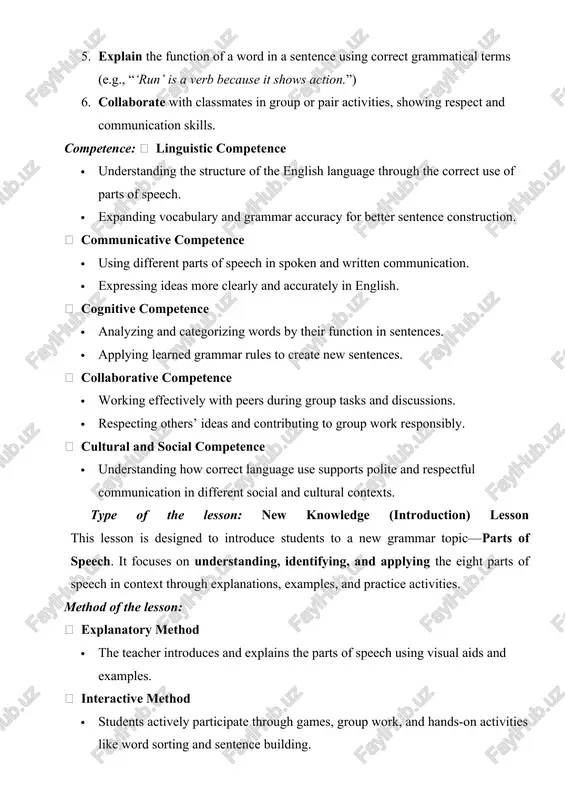 lationship in space or time (e.g., on, under, after). · conjunction – connects words or phrases (e.g., and, but, or). · interjection – expresses emotion (e.g., wow! oh! ouch!). 3. use visuals and examples · use the whiteboard, slides, or flashcards to show examples of each part of speech in context (e.g., sentences). we use the picture below to identify parts of speech · encourage students to repeat the examples aloud to reinforce understanding. 4. clarify and confirm understanding · ask students to identify parts of speech in simple sentences. · example: “in the sentence ‘the big dog runs quickly,’ what is the noun? the verb? the adjective?” consolidating new theme: "parts of speech" 1. review and reinforcement · briefly go over the 8 parts of speech again, asking students to recall and name examples. · example question: “can anyone tell me a word that is a noun?” · follow …