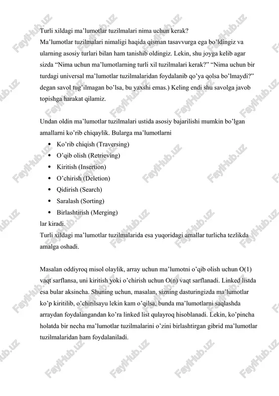 usuli yordamida izlab topish dasturi. node *q=null; node *p=lst; while (p !=null){ if (p->k == key){ search = p; return search; } q = p; p = p->nxt; } node *s=new node;; s->k=key; s->r=rec; s->nxt= null; if (q == null){ s->nxt=lst; lst = s; } else q->nxt = s; search= s; return search; ro’yhatli tuzilmaning afzalligi shundan iboratki, ro’yhatga elementni qo’shish yoki o’chirish tez amalga oshadi, bunda qo’shish yoki o’chirish element soniga bog’liq bo’lmaydi, massivda esa elementni qo’shish yoki o’chirish o’rta hisobda barcha elementlarning yarmini siljitishni talab qiladi. ro’yhatda qidiruvning samaradorligi taxminan massivniki bilan bir xil bo’ladi. indeksli ketma-ket qidiruv usuli bu qidiruv amalga oshirilayotganda ikkita jadval tashkil qilinadi: o’z kalitiga ega ma’lumotlar jadvali (o’sish tartibida tartiblangan) va indekslar jadvali. bu yerda birinchi berilgan argument bo’yicha indekslar jadvalidan ketma-ketlikda qidirish amalga oshiriladi. kalitlarni ko’rib chiqishda berilgan kalitdan kichigi topilsa, u holda ushbu kichik kalitni asosiy jadvaldagi qidirishning eng quyi chegarasi …