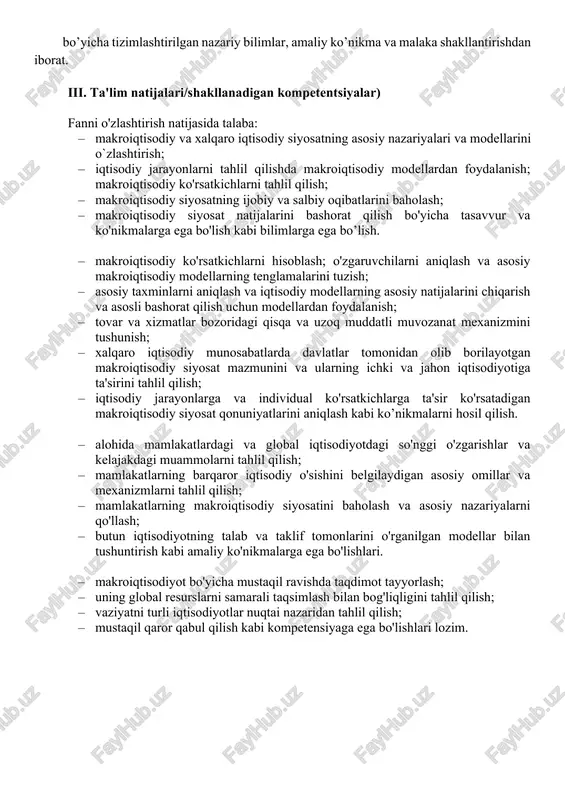 feratlar tayyorlash va uni taqdimot qilish tavsiya etiladi. vii. adabiyotlar asosiy adabiyotlar 1. mikroiqtisodiyot. makroiqtisodiyot: darslik / e.i.ergashev, i.bakiva, sh.fayziyev, b.shermuxamedov. « > - t.: 2019, 680 b 2. macroeconomics: 5th edition, krugman p., robin w., melitz m.: worth publishers 2018. new york isbn-13: 978-1-319-09875-9. 815p. 3. macroeconomics: 9th edition. andrew b. abel, ben s. bernanke, and dean croushore: pearson education limited. -2017. vivar - ma 01923 /isbn 10: 1- 292-15492-6. 875p. 4. mikroiqtisodiyot: makroiqtisodiyot. darslik / e. i. ergashev, i. babieva, sh. fayziev, b. shermuxamedov. t.: iqtisod - moliya. 2019. - 680 bet. isbn 978- 9943-879-7 qo’shimcha adabiyotlar 1. macroeconomics: 9th edition. n. gregory mankiw: worth publishers 2016. new york, ma - 02210/isbn-13: 978-1-4641-8289-1. 679p. - 2. g.nazarova "makroiqtisodiyot" fanidan amaliy mashg'ulotlar o'tkazish bo'yicha uslubiy qo'llanma. t: iqtisod - moliya, 2017, 104 b. 3. makroekonomika. uchebnik. vtoroe izdanie. olive blanshar. (perevod s angliyskogo pod nauchnoy redaktsiey l.l. lyubimova). isbn …