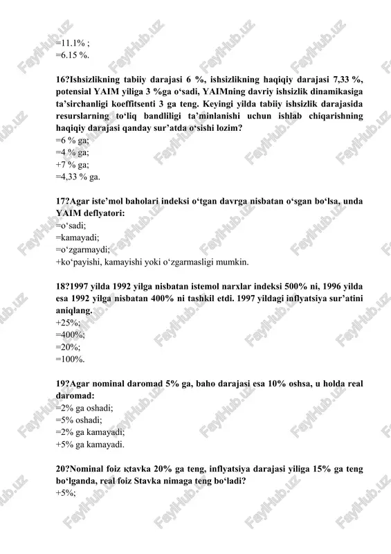 ?baholar darajasi o‘zgarmagan holda yaimning pasayishi klassik model bo’yicha quyidagicha tushuntiriladi: =potensial yaim o‘zgarmagani holda yalpi talab o‘sadi; +bir vaqtning o‘zida yalpi talab va potensial yaim kamayadi; =yalpi talab o‘zgarmagani holda potensial yaim o‘sadi; =potensial yaim pasaygani holda yalpi talab o‘sadi. 26?ad egri chizig‘ining chap va o‘ng tomonga siljishi baholar darajasiga ta’sir etmaydi, agar: +bu siljish a s egri chizig‘ining gorizontal kesimida bulsa; =bu siljish as egri chizig‘ining vertikal kesimida bo‘lsa; =bu siljish as egri chizig‘ining oraliq kesimida bo‘lsa; =iqtisodiyot to‘liq bandlik sharoitida bo‘lsa. 27?agar baho darajasi oshsa, ishlab chiqarish pasayadi, bu holat ad –as modelida izohlanadi: =ad egri chizig‘ining o‘ngga siljigani bilan; =ad egri chizig‘ining chapga siljigani bilan; +as egri chizig‘ining chapga siljigani bilan; =as egri chizig‘ining o‘ngga siljigani bilan; 28?iqtisodiyot asning klassik kesimida bo‘lganda, ad ning o‘sishi quyidagiga olib keladi: +baholarning o‘sishiga, lekin real yaim (darajasi) dinamikaga tasir qilmaydi; =yaimning o‘sishiga olib keladi, lekin baholar darajasiga ta’sir qilmaydi; …