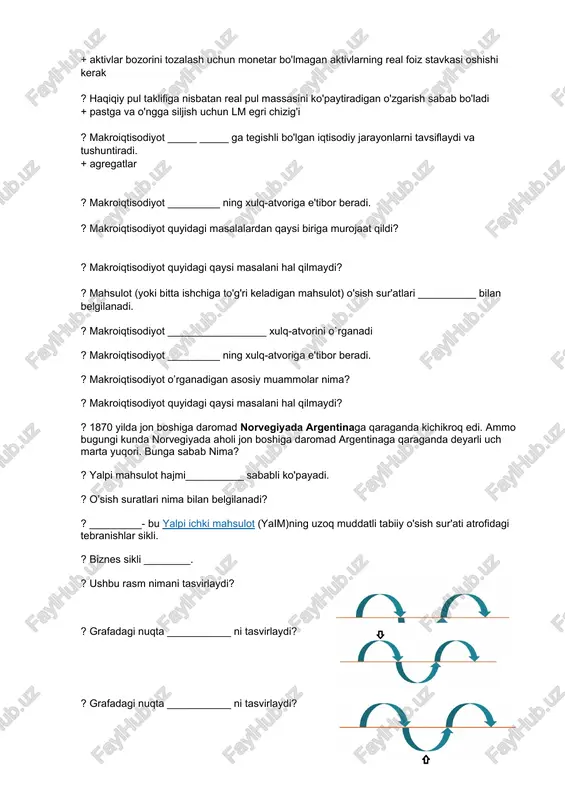 agregatlar ? makroiqtisodiyot _________ ning xulq-atvoriga e'tibor beradi. ? makroiqtisodiyot quyidagi masalalardan qaysi biriga murojaat qildi? ? makroiqtisodiyot quyidagi qaysi masalani hal qilmaydi? ? mahsulot (yoki bitta ishchiga to'g'ri keladigan mahsulot) o'sish sur'atlari __________ bilan belgilanadi. ? makroiqtisodiyot _________________ xulq-atvorini o`rganadi ? makroiqtisodiyot _________ ning xulq-atvoriga e'tibor beradi. ? makroiqtisodiyot o’rganadigan asosiy muammolar nima? ? makroiqtisodiyot quyidagi qaysi masalani hal qilmaydi? ? 1870 yilda jon boshiga daromad norvegiyada argentinaga qaraganda kichikroq edi. ammo bugungi kunda norvegiyada aholi jon boshiga daromad argentinaga qaraganda deyarli uch marta yuqori. bunga sabab nima? ? yalpi mahsulot hajmi__________ sababli ko'payadi. ? o’sish suratlari nima bilan belgilanadi? ? _________- bu yalpi ichki mahsulot (yaim)ning uzoq muddatli tabiiy o'sish sur'ati atrofidagi tebranishlar sikli. ? biznes sikli ________. ? ushbu rasm nimani tasvirlaydi? ? grafadagi nuqta ___________ ni tasvirlaydi? ? grafadagi nuqta ___________ ni tasvirlaydi? ? __________ - bu yalpi ichki mahsulot (yaim) ning uzoq muddatli tabiiy o'sish …
