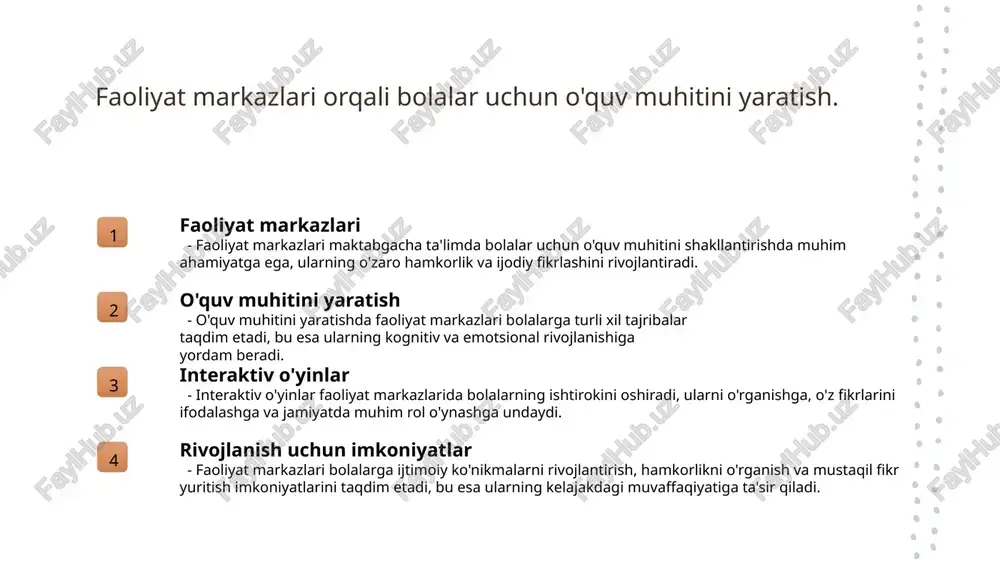 ndagi maktabgacha ta'lim tizimi bolalar uchun 3-7 yoshdagi davrda sifatli ta'lim va rivojlanishga qaratilgan muhim tuzilmalarga ega. 2 pedagogik tuzilmalar maktabgacha ta'lim muassasalarida markazlar yondashuvi pedagogik tuzilmalarning samarali ishlashini ta'minlaydi. bu esa bolalarning rivojlanishiga ijobiy ta'sir ko'rsatadi. 3 innovatsion yondashuvlar o'zbekiston maktabgacha ta'limida innovatsion pedagogik yondashuvlar, jumladan, faoliyat markazlari, bolalarning o'z-o'zini anglashini va ijodkorligini oshiradi. 4 kelajak istiqbollari maktabgacha ta'lim tizimida pedagogik tuzilmalarni rivojlantirish, bolalar ta'limini yangilash va xalqaro tajribalarni o'rganish orqali kelajakda yanada mustahkamlanishi kutilmoqda. xulosa maktabgacha ta'lim va markazlar faoliyat markazlarining ta'siri innovatsion pedagogik strategiyalar maktabgacha ta'limda markazlar yondashuvi bolalarning rivojlanishi uchun muhimdir. ular o'quv muhitini boyitadi va o'rganishni yanada qiziqarli qiladi. faoliyat markazlari bolalarning ijtimoiy-emotsional rivojlanishiga ijobiy ta'sir ko'rsatadi. hamkorlik va jamoaviy faoliyat orqali bolalar o'zaro aloqalarni rivojlantiradilar. maktabgacha ta'limda innovatsion pedagogik strategiyalarni qo'llash, shuningdek, yangi metodlarni tatbiq etish muhim ahamiyatga ega. bu yondashuvlar bolalar uchun o'quv jarayonini yanada samarali qiladi. e'tiboringiz uchun rahmat! /docprops/thumbnail.jpeg cck te …