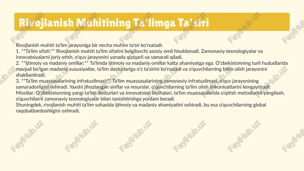 kllantiradi. 3. madaniyat va ijtimoiy kontekst: har bir madaniyat o'ziga xos qadriyatlar va an'analarga ega bo'lib, bu bolalarning psixologik rivojlanishiga ta'sir etadi. masalan, o'ziga xos madaniy qadriyatlar bolalarning o'z-o'zini anglashiga va boshqa insonlar bilan aloqalariga ta'sir qiladi. 4. oldingi slaydlar bilan bog'lanish: oldingi slaydlarimizda muhokama qilingan rivojlanish muhitlari bolalar psixologiyasiga qanday ta'sir qilishi haqida misollar orqali ko'rsatib berish mumkin. photo by bahar ghiasi on unsplash rivojlanish muhitining bolalar psixologiyasida muhim roli bor. rivojlanish muhitining o'ziga xos jihatlari bola o'zini anglashiga yordam beradi. bu muhitda oilaning, jamiyatning va maktabning roli alohida ahamiyatga ega. oilada bola o'z hissiyotlarini va fikrlarini shakllantiradi, jamiyat esa ijtimoiy ko'nikmalarni o'rgatadi, maktab esa ta'lim va bilim berish jarayonida muhim o'rin tutadi. rivojlanish muhitining ijobiy tomonlari orasida bola o'zini erkin ifoda etishi, ijtimoiy aloqalar o'rnatishi va o'ziga bo'lgan ishonchini oshirish kiradi. biroq, salbiy jihatlari ham mavjud bo'lib, ular bolada stress, xavotir va o'ziga bo'lgan ishonchsizlikni keltirib chiqarishi mumkin. …