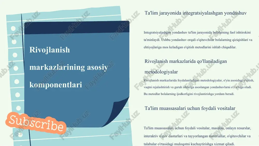 a'limda innovatsiyalar, yangi pedagogik yondashuvlar, texnologiyalar va o'quv dasturlarini joriy etish orqali ta'lim jarayonini yaxshilashni anglatadi. bu innovatsiyalar bolalarning rivojlanishiga ijobiy ta'sir ko'rsatadi va ta'lim sifatini oshiradi. misollar - yangi o'quv dasturlari: "bolalar uchun stem ta'limi". - interaktiv o'quv texnologiyalari: ta'limda robototexnika va virtual haqiqatni qo'llash. - o'zbekistonning maktabgacha ta'lim muassasalarida innovatsion o'qitish metodlari. swot tahlili kuchli tomonlar: - innovatsion yondashuvlar ta'lim sifatini oshiradi. - o'quvchilarning qiziqishini oshiradi. zaif tomonlar: - innovatsiyalarni joriy etish uchun resurslar yetishmasligi. - o'qituvchilarni tayyorlash zarurati. innovatsiyalarning ta'siri maktabgacha ta'limda innovatsiyalar, bolalar uchun o'qitish jarayonini yanada qiziqarli va samarali qilishga yordam beradi. bu esa, o'z navbatida, bolalarning ta'lim sifatini yaxshilaydi va ularning ijtimoiy ko'nikmalarini rivojlantirishga xizmat qiladi. kelajakdagi ta'lim tendentsiyalari raqamli ta'lim raqamli ta'lim talabalarga onlayn platformalar orqali o'qish imkoniyatini beradi. bu jarayon ta'limni yanada qulay va samarali qiladi. misol uchun, zoom va google classroom kabi vositalar orqali darslarni o'tkazish keng tarqalmoqda. shaxsiylashtirilgan ta'lim shaxsiylashtirilgan …