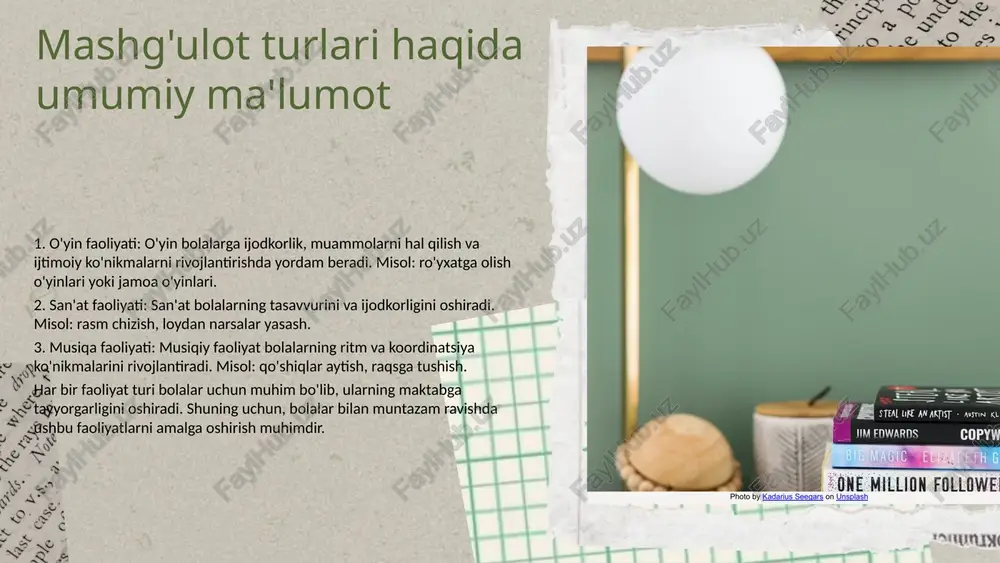 ko'rsatilishi mumkin. ota-onalar o'z farzandlari bilan birga o'yinlarda qatnashishlari, shuningdek, ularning muvaffaqiyatlarini kuzatishlari kerak. bu jarayonlar bolalarning o'ziga bo'lgan ishonchini oshiradi va ularni maktabda muvaffaqiyatli bo'lishlariga tayyorlaydi. bunday faoliyatlar bolalarning ijtimoiy ko'nikmalarini rivojlantirishga ham yordam beradi, bu esa ta'lim jarayonida muvaffaqiyatga olib keladi. photo by anjali mehta on unsplash innovatsion yondoshuvlar ta'limda innovatsion yondoshuvlar ta'lim jarayonida muhim ahamiyatga ega. ular bolalarda innovativ fikrlashni rivojlantirishga yordam beradi. bu yondashuvlar orqali o'quvchilar yangi g'oyalar va yechimlarni ishlab chiqish imkoniyatiga ega bo'ladilar. masalan: - loyihalar orqali ijodiy fikrlashni rag'batlantirish. - o'z-o'zini o'rganish va tadqiqot orqali bilim olish. - guruhlarda ishlash orqali hamkorlik va muloqotni rivojlantirish. - o'yinlar va simulyatsiyalar orqali muammolarni hal qilishni o'rganish. ijodkorlik va innovatsiya ta'lim jarayonida muhimdir, chunki ular bolalarga kelajakda muvaffaqiyatli bo'lishlari uchun zarur bo'lgan ko'nikmalarni shakllantiradi. photo by kadarius seegars on unsplash innovatsion metodlar: o'yin asosida ta'lim afzalliklar o'yin asosida ta'limning bir necha afzalliklari mavjud: 1) talabalarning motivatsiyasini …