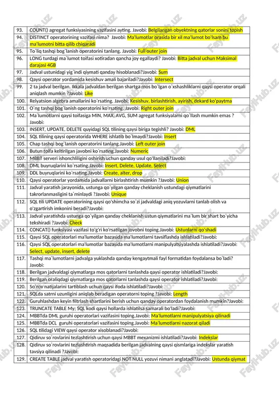 obi: 48. auto_increment ishga tushganda jadvaldagi id ning boshlang'ich qiymatini toping?javobi: 49. varchar toifasi?javobi: o’zgaruvchan toifadagi satr tipi 50. amaliy masalalar uchun avtomatlashtirilgan ishlov berishni taˈminlovchi dastur yoki dasturlar kompleksiga qaysi deyiladi. javobi: ma’lumotlar bazasini boshqarish tizimi 51. maˈlumotlarni taqdim etishning relyatsion modelida foydalanuvchiga maˈlumotlar qaysi koˈrinishda uzatiladi ? javob: jadvallar 52. tezkorlik va xotira sarfi ko`rsatkichlari bo`yicha samarali ish olib borish imkoniyati qaysi ma'lumot modellarida mavjud ? javob: tarmoq modellari 53. berilgan dasturning foydalanuvchiga ko'rinmaydigan va sql so'rovlari bajariladigan qismini tanlang.javobi: 54. maˈlumotlarni taqdim etishning tarmoq modelida maˈlumotlar bog'lanishi qanday tasvirlanadi ? javobi: ixtiyoriy graf 55. maˈlumotlarni taqdim etishning ierarxik modelida maˈlumotlar bog'lanishi qanday tasvirlanadi ? javobi: daraxt turdagi graf 56. mohiyat-aloqa modelining asosiy tushunchalari to'g'ri ko'rsatilgan qatorni toping. javobi: mohiyat, atribut, aloqa 57. jadvallar o'rtasidagi aloqalarning uchta turi toˈgˈri berilgan javobni koˈrsating. javobi: birga-ko’p, birga-bir, ko’pga-ko’p 58. mohiyat-aloqa modelini birinchi bo'lib kim taklif qilgan ? javobi: piter chen …