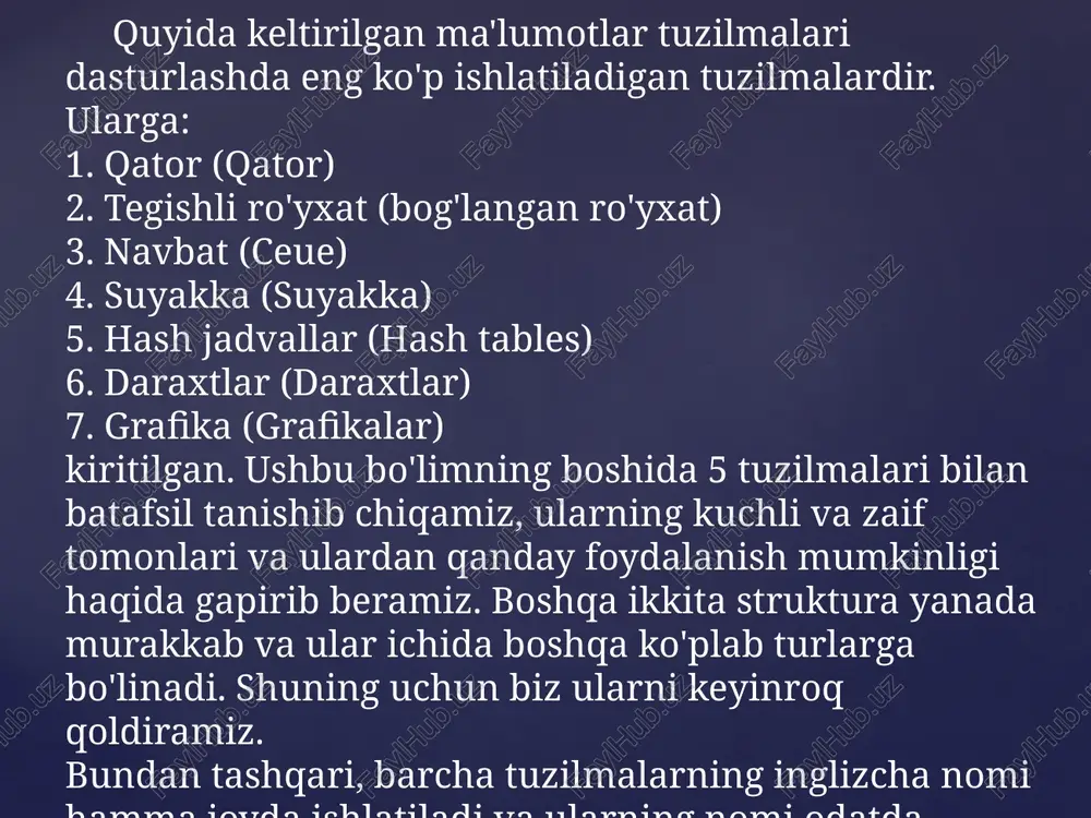 ing nomi odatda tarjima qilinmaganligi sababli keyingi o’rinlarda men ularning asosan ingliz tilidagi nomlarini ishlataman. ma’lumotlar tuzilmalari nimaligi haqida qisman tasavvurga ega bo’ldingiz va ularning asosiy turlari bilan ham tanishib oldingiz keling endi shu savolga javob topishga harakat qilamiz. mavzu: ma’lumotlar turlari, ularni e’lon qilish va tasvirlash tushunchalari reja: axborotlarni tasniflash. 2. vazifasiga ko`ra axborot. 3. axborot tizimiuning turlari va tarkibi. axborotlarni tasniflash. ma`lumotlarni telefaks yoki maxsus magnitli tashuvchilar vositasida uzatish. odatda bu axborot maxsus agentliklar so`rovi bo`yicha amalga oshiriladi. bunday axborot u yoki bu muammo yoki muhitga muvofiqligi, shuningdek, to`laqonligi va ishonarliligi bilan ajralib turadi. ma`lumot va xabarlarni optik disklar (kompakt disklar)da uzatish so`nggi yillarda keng ommalashdi. ularda nafaqat matn, balki istalgan boshqa video va audio axborot yozuvlari ham uzatiladi. qayta ishlash usuliga ko`ra ma`lumotlar birlamchi, ikkilamchi, hosila, mantiqiy xulosa va yakunlarga bo`linadi. jumladan, boshlang`ich axborot odatda voqelikda yuz beruvchi jarayonlarni kuzatish natijasida shakllanadi va qayta ishlanmasdan qayd etiladi. …