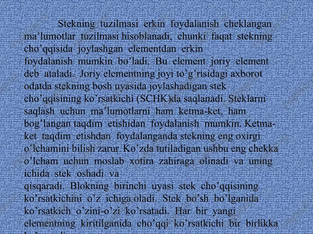 lumotlari aatda qayta ishlanadigan obyektlar o’rtasidagi munosabatlar ko’pincha nochiziqiy xarakterga ega bo’ladi. bular mantiqiy shartlar bilan aniqlanadigan munosabatlar, «birning ko’pga» tipidagi munosabatlar yoki «ko’pning ko’pga» tipidagi munosabatlar bo’lishi mumkin. «birning ko’pga» tipidagi munosabatlar ierarik xarakterga ega va daraxtsimon tuzilma bilan aks ettiriladi. masalan, oliy o’quv yurti o’quv bo’linmalarining tuzilmasi, shuningdek kutubxonalarda qabul qilingan universal o’nlik tasniflash (uo’t) ierarxiya ko’rinishida berilishi mumkin. kitob mundarijasi daraxtsimon tuzilma ko’rinishida taqdim etilishi mumkin. daraxtsimon tuzilma algebraik ifodalarni echish algoritmlarini qurish uchun, ma’lumotlardan erkin foydalanishni tezlashtiradigan ma’lumotnomalarni yaratish uchun, saralash va izlash uchun qo’llaniladi. daraxt ba’zi cheklovlarga ega grafdan iborat, ya’ni bu tsikllarga ega bo’lmagan yo’naltirilgan grafdir. daraxtning cho’qqi (bo’g’im)lari darajalar bo’yicha tashkil qilingan, ya’ni ma’lum ierarxiyaga bo’ysungan. daraxtning ixtiyoriy bo’g’imi yuqoriroq darajadagi yagona bo’g’im - yaratuvchi bilan hamda quyi darajadagi m bo’g’imlar - yaratilgan bilan bog’langan. eng yuqori darajada daraxtning boshida ildiz deb ataluvchi yagona bo’g’im mavjud. daraxt har bir shoxining oxirida joylashgan va …