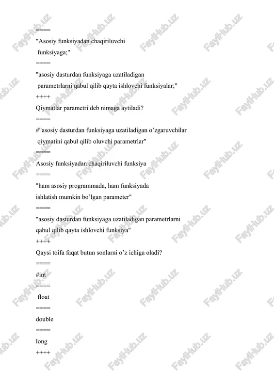 maydon va metod sifatida murojaat qilish mumkin. ushbu bo'lim "tashqi interfeys" ni tashkil qiladi; ==== protected- bu sinfda ishlatiladigan ma'lumotlar maydonlari va usullarini birlashtirishga va foydalanuvchidan ichiki interfeys detallarini yashirishga imkon beruvchi dasturlash mexanizmi. ==== protected – sinfning yopiq bo’limi. bu bo’limdagi metod va maydonlarga faqat sinf ichida murojaat qilish mumkin. bu bo’lim “ichki interfeys”ni tashkil qiladi. jimlik holatida sinfning barcha maydonlari – protected; ++++ fayllar bilan ishlash oqimlariga qaysilar kiradi? ==== #ifstream, ofstream, fstream. ==== iostream , ostream , istream; ==== ifstream , ,cout istream; ==== iostream , ofstream, istream; ++++ |-bu belgi qanday mantiqiy amal? ==== #mantiqiy yoki(qo’shish). ==== istisno qiluvchi; ==== matiqiy va (kopaytiruvchi); ==== mantiqiy inkor(inversiya); ++++ massiv qanday elon qilinadi? ==== #int a [n]; flout a[n];double a[n]. ==== int a; flout a;double a; ==== int (a); flout (a); double (a); ==== int a, double (a); ++++ "belgili tipni qabul qiluvchi o’zgaruvchilarni e’lon qilish uchun qaysi …