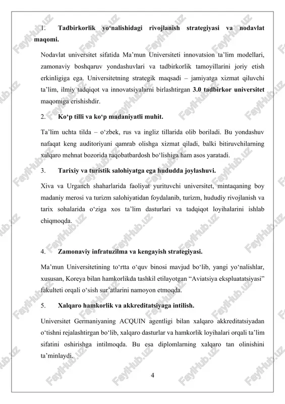 monaviy infratuzilma va kengayish strategiyasi. ma’mun universitetining to‘rtta o‘quv binosi mavjud bo‘lib, yangi yo‘nalishlar, xususan, koreya bilan hamkorlikda tashkil etilayotgan “aviatsiya ekspluatatsiyasi” fakulteti orqali o‘sish sur’atlarini namoyon etmoqda. 5. xalqaro hamkorlik va akkreditatsiyaga intilish. universitet germaniyaning acquin agentligi bilan xalqaro akkreditatsiyadan o‘tishni rejalashtirgan bo‘lib, xalqaro dasturlar va hamkorlik loyihalari orqali ta’lim sifatini oshirishga intilmoqda. bu esa diplomlarning xalqaro tan olinishini ta’minlaydi. 6. amaliyotga yo‘naltirilgan ta’lim va ish beruvchilar bilan aloqalar. ma’mun universiteti ta’limni amaliyot bilan uyg‘unlashtirishga katta e’tibor qaratadi. mahalliy korxonalar, davlat tashkilotlari va mintaqaviy bizneslar bilan hamkorlik bitimlari orqali talabalar bozor talablariga javob beruvchi bilim va ko‘nikmalarni egallaydilar. 7. mavjudlik va qulay ta’lim shakllari. universitetda to‘lov-shartnoma asosidagi o‘qish narxlari aholining keng qatlamlari uchun moslashtirilgan. kunduzgi va sirtqi ta’lim shakllari mavjud bo‘lib, 9000 dan ortiq talaba o‘qimoqda. 8. yosh va faol ilmiy-pedagogik jamoa. universitetda yosh, tashabbuskor va malakali o‘qituvchilar jamoasi shakllangan. akademik innovatsiyalar, malaka oshirish va ijodiy tashabbuslarni qo‘llab-quvvatlash orqali …