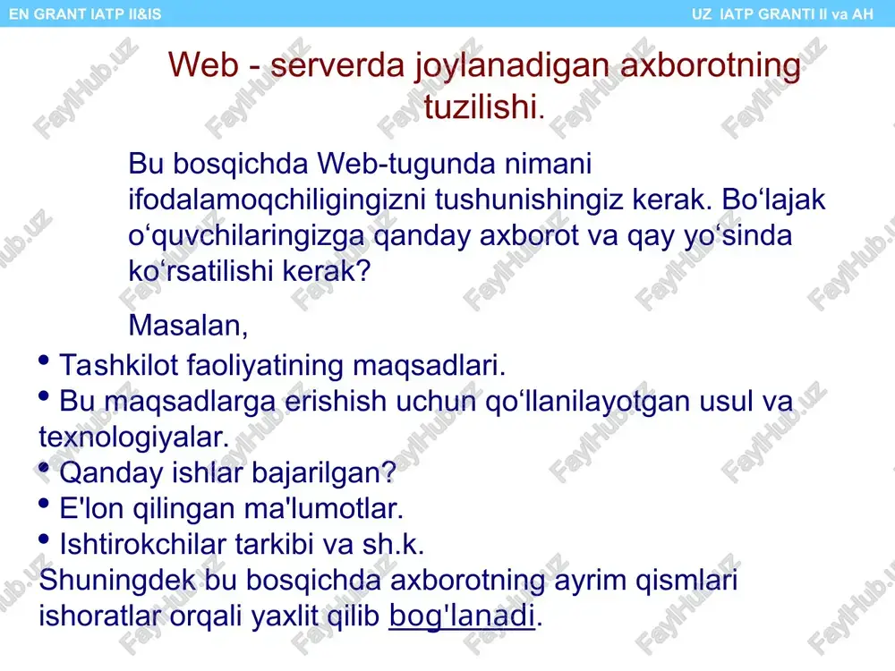 n by makhmud botirov en grant iatp ii&is uz iatp granti ii va ah katta tasvirlar yaratishdan qoching. bunda hajmi 35 kbaytdan yuqori gif-fayl katta deb hisoblanadi. har qanday katta tasvir yuklash vaqtini oshirib, o‘quvchining g‘ashiga tegadi va sizning sahifangiz o‘qilish ehtimolini kamaytiradi. o‘rnatilmagan tasvir bilan aloqani o’rnatishda uning kilobaytlardagi o‘lchamini ko‘rsatish foydali. doimo katta fayllar borligi haqida foydalanuvchini ogohlantiring! minglab va millionlab jiloli rangli tasvirlarni ishlatish yaramaydi, 256 jiloli rangli tasvirni qo‘llash kifoya. har bir sahifada uni yaratuvchining imzosi bo‘lishi tartibli hisoblanadi. sahifada uning elektron pochtasi manzili yoki bosh sahifasi bilan bog‘lanish ushun maxsus ishorat bo‘lishi mumkin. katta hujjatlarning qisqa tahlilini maxsus “what’s new?” (“qanday yangiliklar?”) web-sahifasiga joylashtirish foydali. bunday sahifa sizning hujjatingizni o‘rganishda o‘quvchi uchun muqaddima bo‘lishi kerak. web yaratuvchilariga foydali maslahatlar en grant iatp ii&is uz iatp granti ii va ah web - serverda fayllarni joylashtirish fayllarni web - tugunda joylashtirish katta e'tiborni talab qiladi. www-serverni yaratishda …
