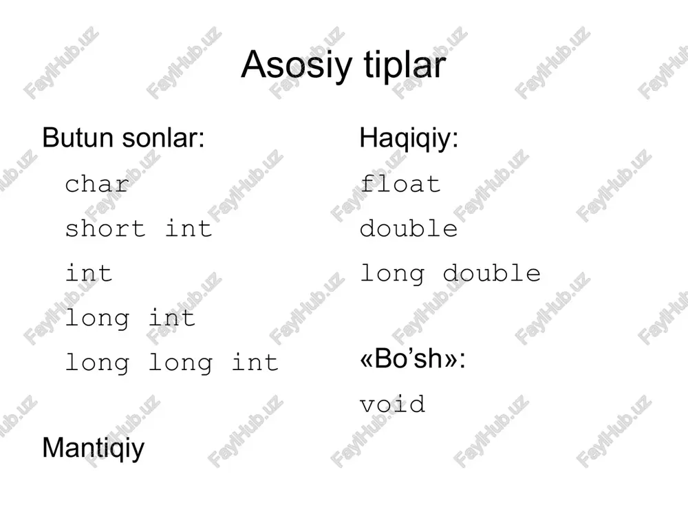 a o'zlashtirish operatsiyalari, ifodalar arifmetik operatsiyalarga quyidagilar kiradi: qo'shish (+), ayirish(binar) (-), ko'paytirish (*), bo'lish (/), bo'lish koldig'i (%), ayirish(unar)(-). si da shunday qoida bor: agar surat va maxraj qiymatlari butun bo'lsa, bo'lish natijasida kasr qism butunlay tashlab yuboriladi. boshqa tillardagidek, ifodalarda ko'paytirish, bo'lish va qoldiqni topish amallari qo'shish va ayirishdan oldin bajariladi. quyidagi jadvalda amallar bajarish tartibi keltirilgan: prio-ritet amal amal nomi bajarilish tartibi eng yukori () [] ++ -- (tip) * oddiy qavs kvadrat qavs oshirish kamaytirish keltirish ko'rsatkich (tarkibi?) chapdan o'ngga chapdan o'ngga o'ngdan chapga o'ngdan chapga o'ngdan chapga o'ngdan chapga obrazets teksta vtoroy uroven tretiy uroven chetvertiy uroven pyatiy uroven 1 & - ! \~ sizeof * adres unar minus mantiqiy «inkor» bitlar inversiyasi obekt o'lchovi ko'paytirish o'ngdan chapga o'ngdan chapga o'ngdan chapga o'ngdan chapga o'ngdan chapga chapdan o'ngga 2 / % bo'lish qoldiq chapdan o'ngga chapdan o'ngga 3 + - qo'shish ayirish chapdan o'ngga chapdan …
