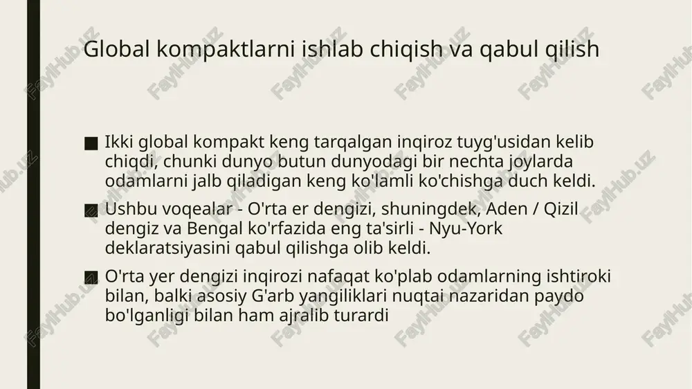 oshirish. odil va axloqiy bandlikni rivojlantirish va munosib mehnatni ta'minlaydigan kafolat shartlari. migratsiya zaifliklarini bartaraf etish va kamaytirish. hayotni saqlab qolish va bedarak yo'qolgan muhojirlarga qarshi xalqaro muvofiqlashtirilgan sa'y-harakatlarni yaratish. muhojirlarning kontrabandasiga qarshi transmilliy munosabatlarni kuchaytirish. xalqaro migratsiya sharoitida odam savdosining oldini olish, unga qarshi kurashish va yo'q qilish. 11. chegaralarni yaxlit, xavfsiz va muvofiqlashtirilgan holda boshqaring. 12. muhojirlik, baholash va yo'naltirish uchun migratsiya tartib-qoidalarining aniqligi va bashorat qilinishini oshiring. 13. migratsiya hibsxonasidan faqat so'nggi chora sifatida foydalaning va alternativalarni qidiring. 14. barcha migratsiya tsikli davomida konsullik himoyasini, yordamini va hamkorligini kuchaytirish. 15. migrantlarga asosiy xizmatlardan foydalanish imkoniyatini bering. 16. migrantlar va jamiyat uchun to'liq integratsiya va ijtimoiy birdamlikni amalga oshirish uchun imkoniyatlar yaratish. 17. har qanday diskriminatsiyani yo'q qilish va migratsiya idrokini shakllantirish uchun dalillarga asoslangan jamoatchilik nutqini rivojlantirish. 18. malaka oshirishga mablag 'sarflang va mahorat, malaka va malakalarning o'zaro tan olinishiga yordam bering. 19. migrantlar va diasporalarning barcha …