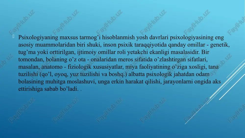 tadbirkorlik va gunoh hissi) - 4 - 5 yoshlar. 4 - bosqich (chaqqonlik va yetishmovchilik) - 6 - 11 yoshlar. 5 - bosqich (shaxs identifikatsiyasi va rollarning chalkashligi) - 12 - 18 yoshlar. 6 - bosqich (yaqinlik va yolg’izlik) - yetuklikning boshlanishi. 7 - bosqich (umuminsoniylik va o’ziga berilish) - yetuklik davri. 8 - bosqich (yaxlitlik va ishonchsizlik) - keksalik. 3. o’smirlik va o’spirinlik davrlarida shaxs ijtimoiylashuvining o’ziga xosligi o’smirlik va o’spirinlik davrlari maktab va boshqa ta’lim maskanlarida o’qish davrlariga to’g’ri keladi. bu davrdagi yetakchi faoliyat o’quv faoliyati bo’lib, unda bola bilim olish bilan bog’liq, malaka va ko’nikmalarni orttirishdan tashqari, shaxs sifatida ham muhim o’zgarishlarga yuz tutadi. o’smirlik davri eng murakkab va shu bilan birga muhim taraqqiyot bosqichidir. ilk o’smirlik 11-13 yoshni, katta o’smirlik - 14 - 15 yoshlarni o’z ichiga oladi. bu davrning eng muhim hislati shundan iboratki, u bolalikdan o’spirinlik, kattalikka, yoshlikdan yetuklikka o’tish davridir. o’smirlik - organizm …