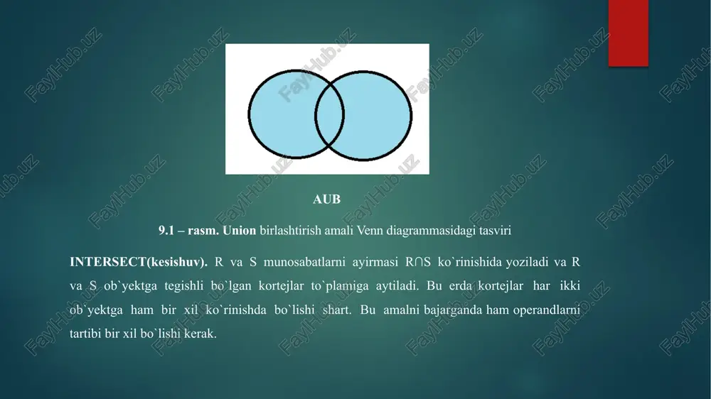 li turga mansubligini aniqlaydi (mysqlda bu buyruq bajarilmaydi) lpad - funktsiyasi satr boshiga to'ldirilgan belgilar qo'shib asl satrdan olingan belgilangan uzunlikdagi satrni qaytaradi (agar manba satridagi belgilar soni belgilanganidan kam bo'lsa yoki "ortiqcha" belgilarni bekor qilish agar manba satridagi belgilar soni belgilanganidan ko'p bo'lsa). rpad -funktsiyasi satr boshiga to'ldirilgan belgilar qo'shib asl satrdan olingan belgilangan uzunlikdagi satrni qaytaradi (agar manba satridagi belgilar soni belgilanganidan kam bo'lsa yoki "ortiqcha" belgilarni bekor qilish agar manba satridagi belgilar soni belgilanganidan ko'p bo'lsa). length- qator uzunligini qaytaradi (baytda). ltrim - qator boshidagi bo’sh joylar (probel)larni o’chiradi. rtrim -funksiyasi satr oxiridagi bo'sh joyni olib tashlash orqali asl nusxadan olingan satrni qaytaradi. left -funktsiyasi asl satrning boshlang'ich satrini qaytaradi right- funktsiyasi belgilangan sondan tashkil topgan pastki qatorni qaytaradi. ishni bajarish tartibi korpus nomli jadvalga yuqorida ko`rsatilgan buyruqlarini tadbiq qiling. 1. so`rov: select * from ticket; natija: so`rov: select lower(status) from ticket; natija: so`rov: select upper(status) from …