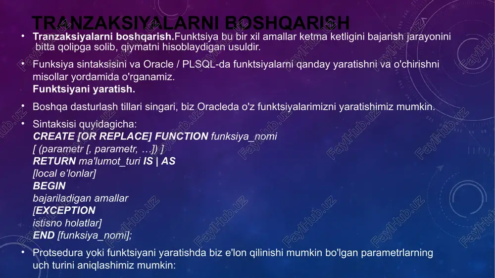 ini konfiguratsiyalash, ma’lumotlar bazasini strukturasini aniqlash va ma’lumotlarni saqlash uchun soha ajratish. administrator shuningdek bazaga qo‘shimchalar va yangilashlarni (tiklashlarni) o‘z vaqtida o‘rnatishga javob beradi. administratorni muhim funksiyalaridan biriga ma’lumot bazasini himoyasini ta’minlash ham kiradi. u har doim ma’lumotlarni rezerv nusxalarini yaratish va uni ishonchli yerda saqlashi lozim. xavfsizlik tizimni administratorlashni muhim omillaridan biri ma’lumotlarni xavfsizligini ta’minlash mexanizmidir. buning uchun administrator ma’lumotlar bazasi foydalanuvchilarini yaratadi va ularni aniq ob’ektlar ustida aniq amallar bajarish imtiyozlarini boshqaradi. foydalanuvchilarni aniqlash va ularga murojatni cheklash oracle tizimida operatsion tizim darajasida va mbbt darajasida hal qilinadi. ikkala bosqich uchun ham xarakterli standart yondoshish, administrotor tomonidan foydalanuvchilarni ro‘yxatdan o‘tkazish va imtiyozlar berish bilan belgilanadi. imtiyoz tizim tomonidan ta’minlanuvchi qandaydir belgi bo‘lib, u foydalanuvchiga aniq amallar bajara olish huquqini belgilaydi. imtiyozlar (privilege) tizimda har xil amallar bajarishga ruxsatdir. mb serveri har bir foydalanuvchiga imtiyozlar majmuasini beradi. misol sql> connect baza/123456; connected. sql> create table tabl(at1 number); table created. …